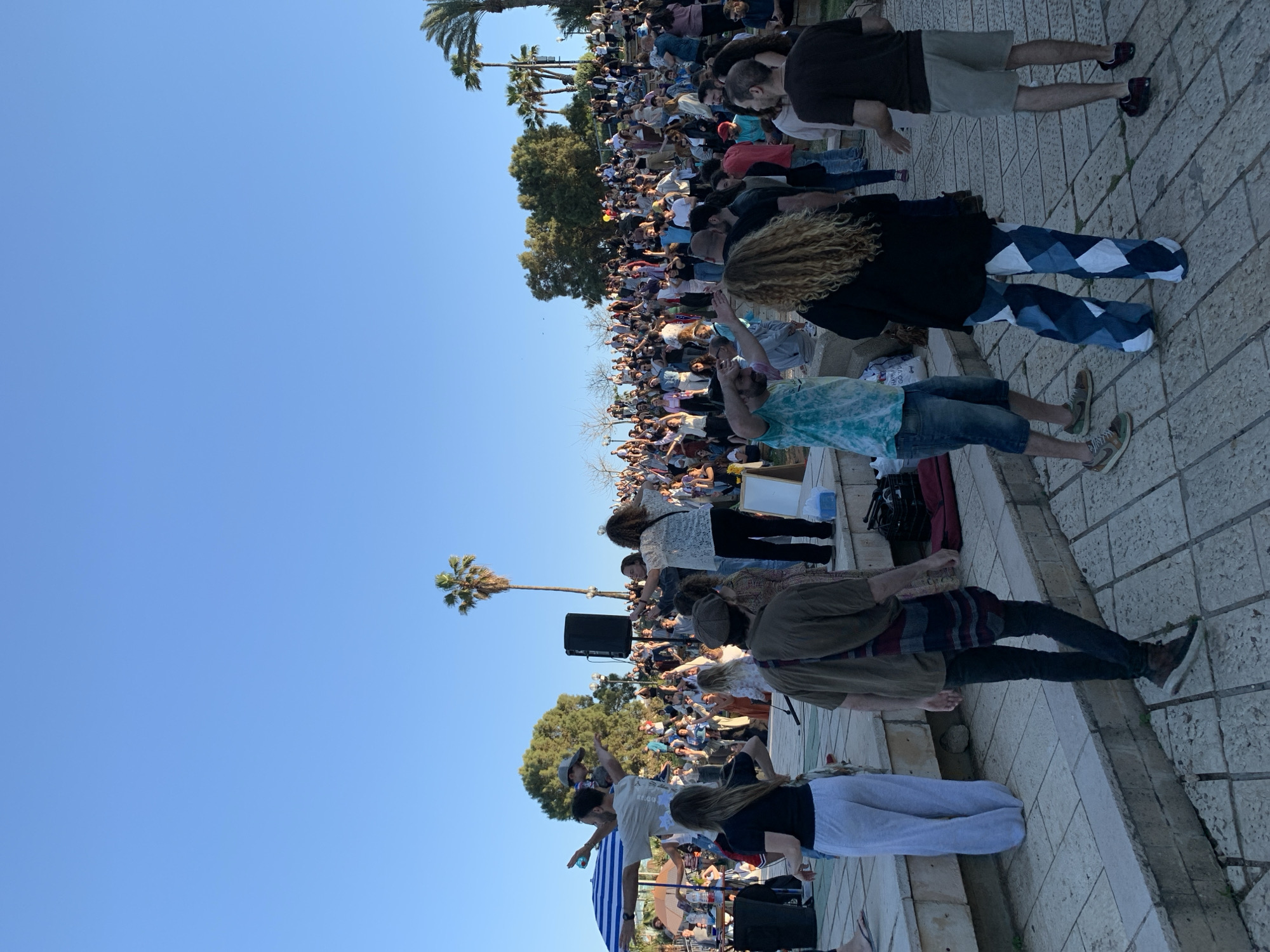 This image depicts a large outdoor gathering of people in Tel-Aviv, Israel, under a clear, bright blue sky. A diverse crowd, primarily composed of adults and young adults, is engaged in a group activity, likely a yoga or wellness session, as many individuals are seen with raised arms and focused postures. Some participants in the foreground are standing barefoot on a paved walkway, while the majority of the crowd extends into a grassy or open area further back.
Several tall palm trees are scattered throughout the scene, along with other green trees providing a natural backdrop. A large black speaker or sound system is visible near a palm tree in the mid-ground, indicating an organized event with audio amplification. The strong, clear lighting suggests it is a sunny day, likely mid-day or late afternoon. The atmosphere appears calm and communal, with participants seemingly engaged in the shared experience. No discernible text is visible within the image.