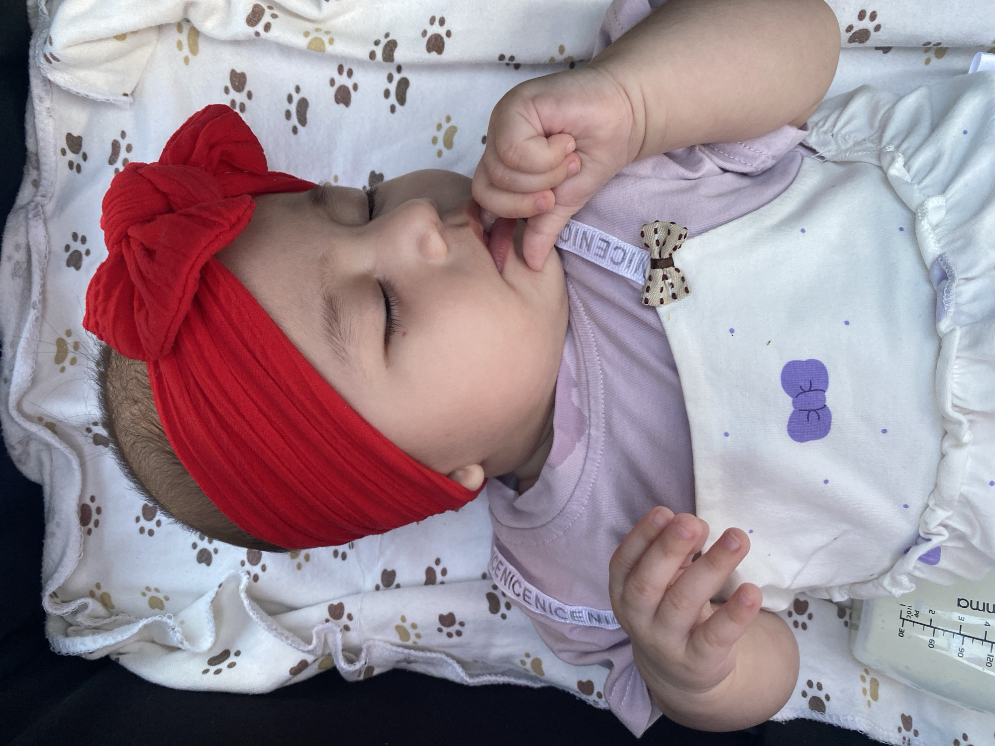 A baby is lying down on a blanket with paw prints on it. The baby is wearing a pink shirt and a red headband. The baby has its eyes closed and its thumb in its mouth. There is a baby bottle next to the baby. The baby bottle has markings on it that indicate measurements. The scene is brightly lit, suggesting it is daytime. There are no clear cues about the weather or specific location within Krasnodar, Russia. The overall impression is one of peaceful rest or sleep for the baby. Text visible on a ribbon attached to the baby's shirt reads "NICENICENICENICE". The baby bottle has text that appears to be in English, indicating volume measurements.