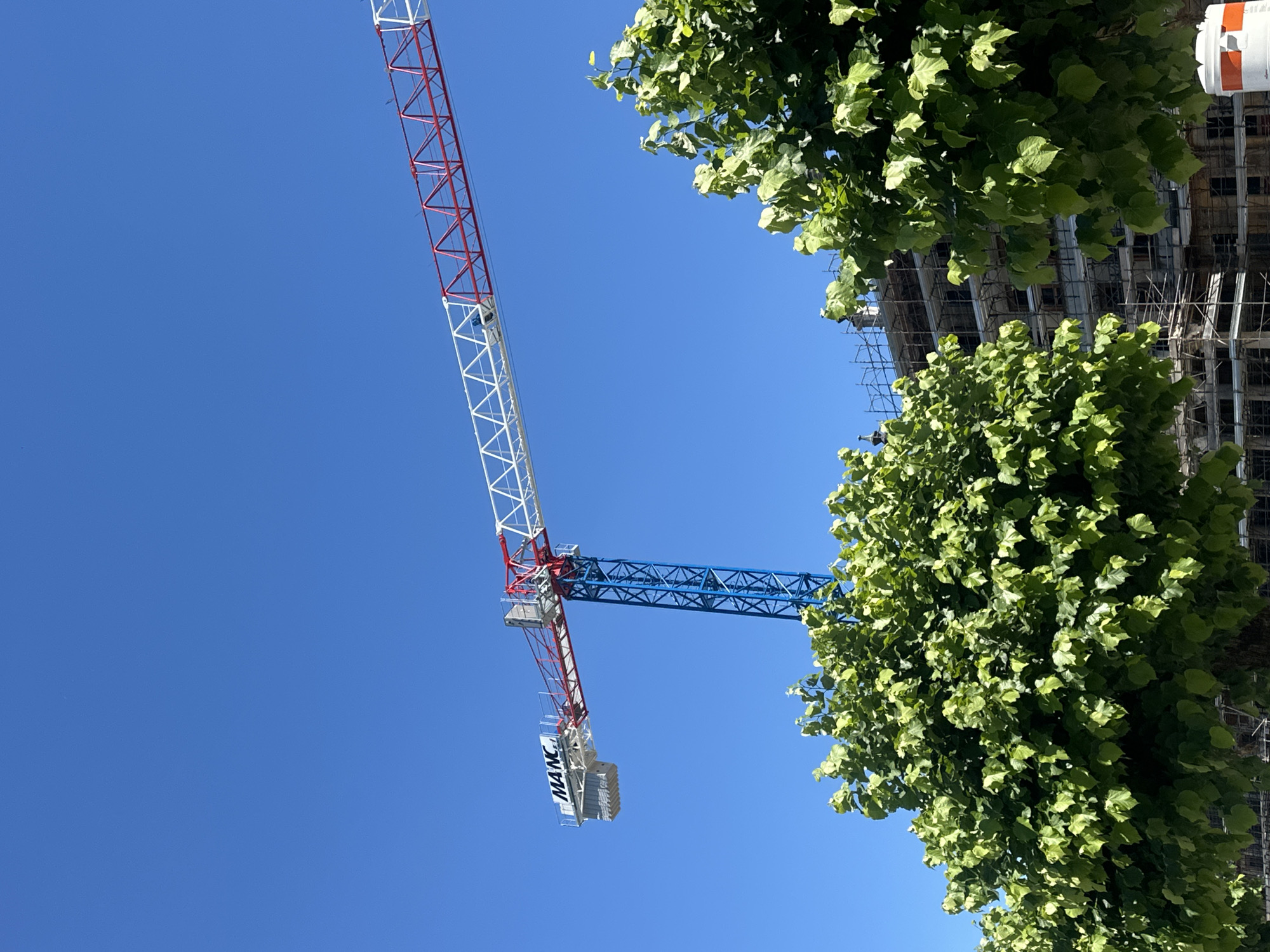 The image depicts a construction site in San Giovanni, Italy, under a clear blue sky. A large construction crane, with a red and white lattice boom and a blue mast, dominates the upper portion of the frame. The word "MAN" is visible on a white panel on the crane's cab. In the foreground, lush green trees with dense foliage partially obscure the view of a building under construction. The building is covered in scaffolding, indicating ongoing work. The scene is bright and sunny, suggesting daytime. There are no people visible in the image.