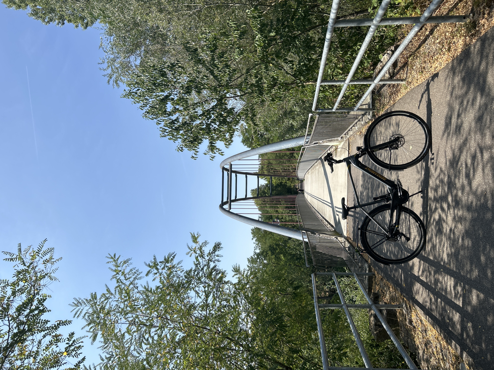 An e-bike is parked on an asphalt path on a pedestrian bridge in Oedheim, Germany, under a clear blue sky on a sunny day. The bridge is a metal arch bridge with a pedestrian walkway. On either side of the walkway, there are metal railings. Trees and vegetation line the sides of the bridge and extend into the background. The e-bike is black with a white logo on the frame and has a rear rack. The bike is positioned in the middle of the walkway, facing away from the camera. Shadows from the bridge structure and trees are cast across the walkway.