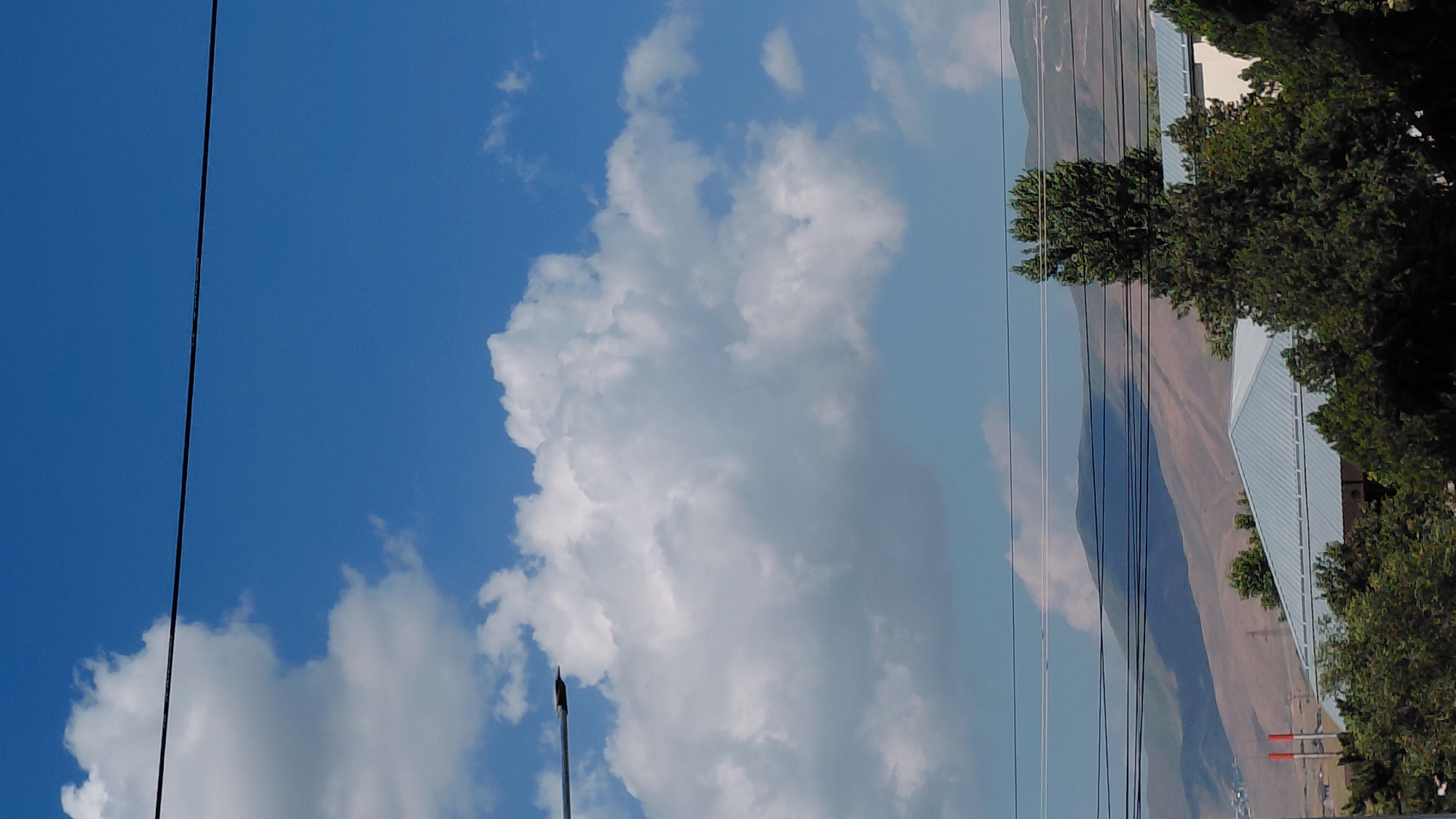 This is a vertically oriented, outdoor, daytime photograph. The primary subjects are the sky, clouds, trees, a building, mountains, and power lines. The sky is a vibrant blue, with several large, puffy white clouds scattered across it. In the foreground, a thin black power line stretches diagonally across the frame. To the right, a cluster of lush green trees partially obscures a building with a light blue, corrugated metal roof. Beyond the building, the gentle slopes of mountains recede into the distance, appearing in shades of brown and tan. The light suggests it is a sunny day. The overall scene depicts a somewhat rural or suburban setting with natural and man-made elements. There is no discernible activity or event taking place. No text is visible in the image.