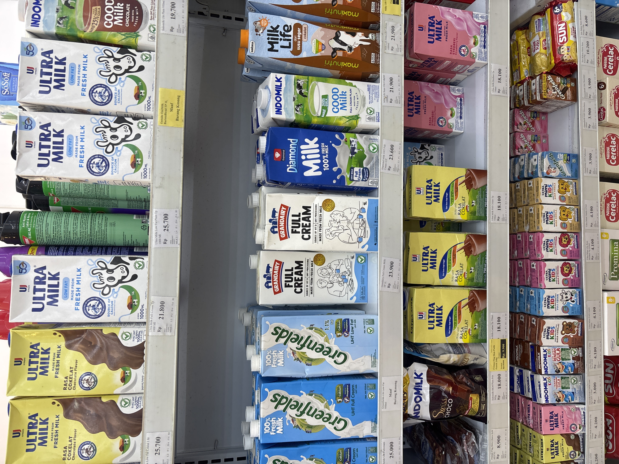 The image shows a shelf in a supermarket in West Jakarta, Indonesia, stocked with various milk products. The shelf is organized with different brands and flavors of milk cartons. On the top shelf, there are several cartons of Ultra Milk in chocolate and plain flavors, as well as Indomilk and Greenfields milk. Some products are displayed with their prices. The lower shelves also contain a variety of milk products, including smaller cartons and pouches. The overall environment appears to be a well-lit retail space. There are no people visible in the image.