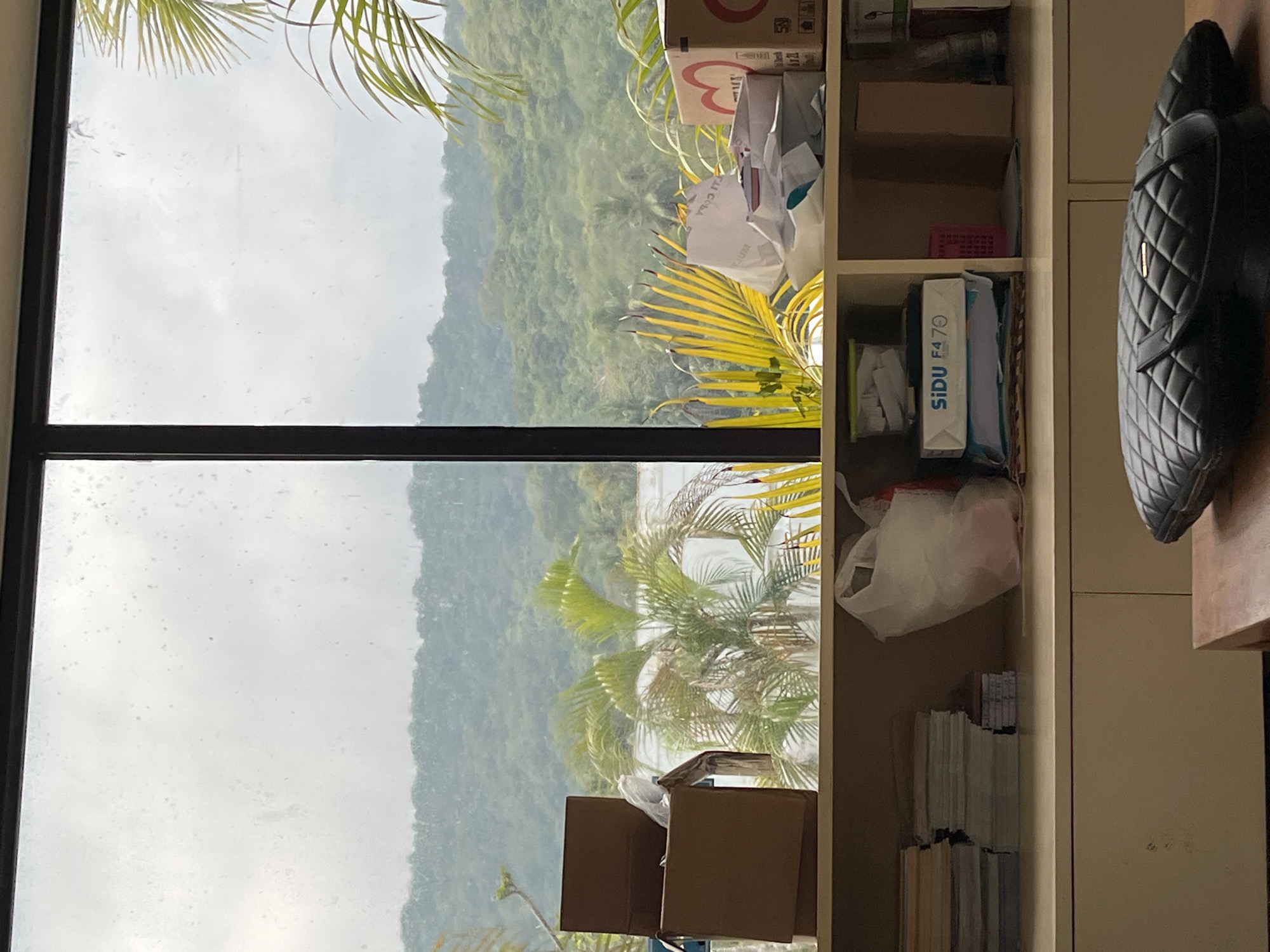 The image shows a view through a large window of a room, looking out onto a tropical landscape. The window is divided by a dark vertical frame. Outside, lush green hills covered in trees recede into the distance under a cloudy sky. Palm trees and other tropical foliage are visible closer to the window.
Inside the room, a wooden shelf unit is filled with various objects. On the top shelf, to the left, is an open cardboard box. To the right, there are stacks of paper, some in white plastic bags, and several cardboard boxes. One box on the far right has a red heart symbol on it.
The lower shelf of the unit contains stacks of books or notebooks on the left. To the right, there are plastic containers, more cardboard boxes, and some miscellaneous items.
In the foreground, on a wooden surface, a black quilted bag is placed. The overall impression is of a domestic or office space with a view of a natural environment, likely in a warm climate. The location is identified as Kemloko, Indonesia.