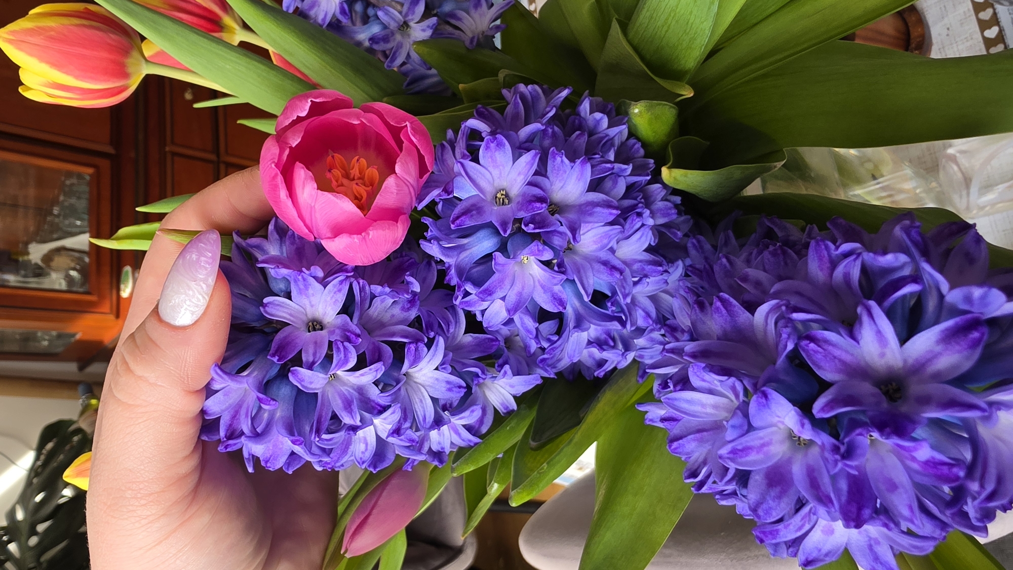 A person's hand with an almond-shaped nail design is holding a bouquet of flowers. The flowers include purple hyacinths and tulips in shades of pink and red with yellow edges. The flowers are arranged with green leaves. The background features a wooden cabinet with glass doors and a glimpse of a window with sunlight. The location is not determinable to be in the city of London, United Kingdom based on the visual information provided.