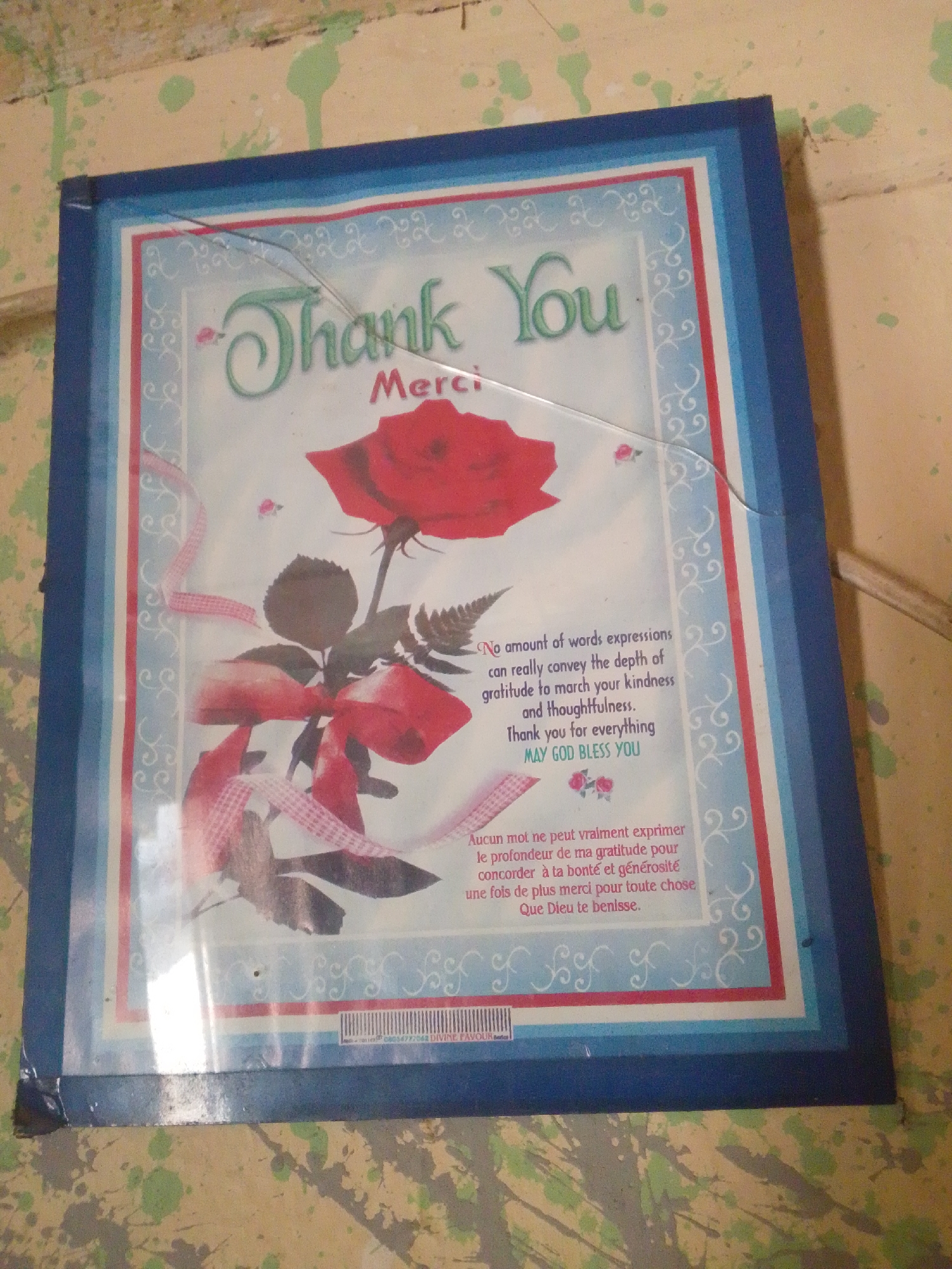 This media file shows a framed "Thank You" card with a red rose and a red bow. The card has text in English and French, expressing gratitude. The frame is blue and appears to be made of cardboard. There is a crack across the plastic covering the card. The card is propped up against a wall that is painted in a light color with green and brown splatters. The floor or surface below the card is also painted in a similar speckled pattern. The overall scene suggests a domestic setting. The text on the card reads: "Thank You Merci. No amount of words expressions can really convey the depth of gratitude to march your kindness and thoughtfulness. Thank you for everything MAY GOD BLESS YOU. Aucun mot ne peut vraiment exprimer le profondeur de ma gratitude pour concorder à ta bonté et générosité une fois de plus merci pour toute chose Que Dieu te benisse. 08054772042 DIVIME FAVOUR." The context provided indicates the location is Jalingo, Nigeria. The lighting suggests it is daytime, possibly indoors. The mood conveyed by the card is one of appreciation and blessing.