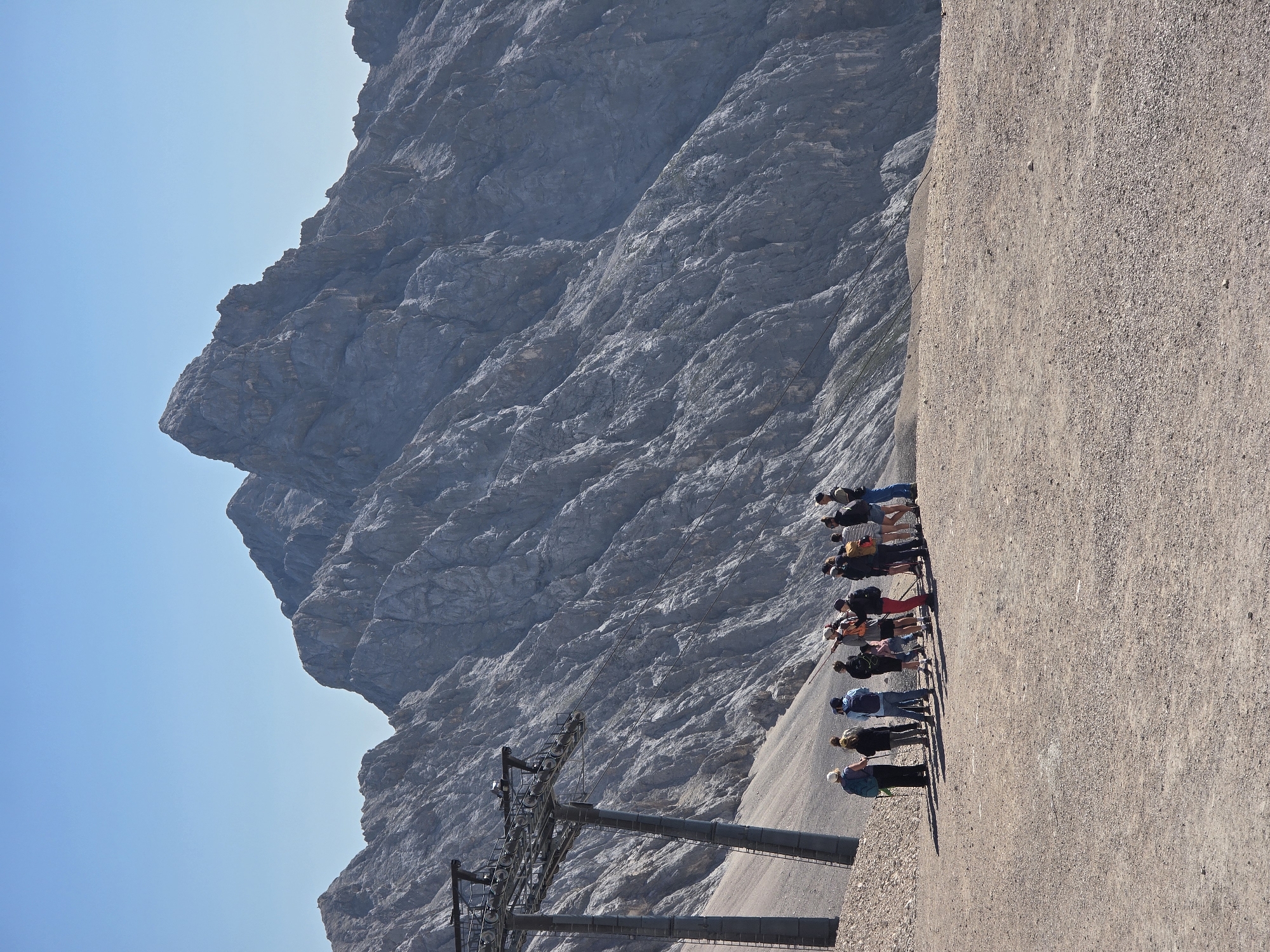 A group of approximately twelve people stand on a gravelly plateau, facing a jagged, gray mountain range under a clear blue sky. To the left, a ski lift pylon with cables stretches upwards. The people are dressed in outdoor clothing, some with backpacks, suggesting they are hikers or tourists. They are observing the mountains. The environment is mountainous and arid, with sparse vegetation visible on the slopes. This scene is likely at the Zugspitze, Germany's highest peak, near Garmisch-Partenkirchen.