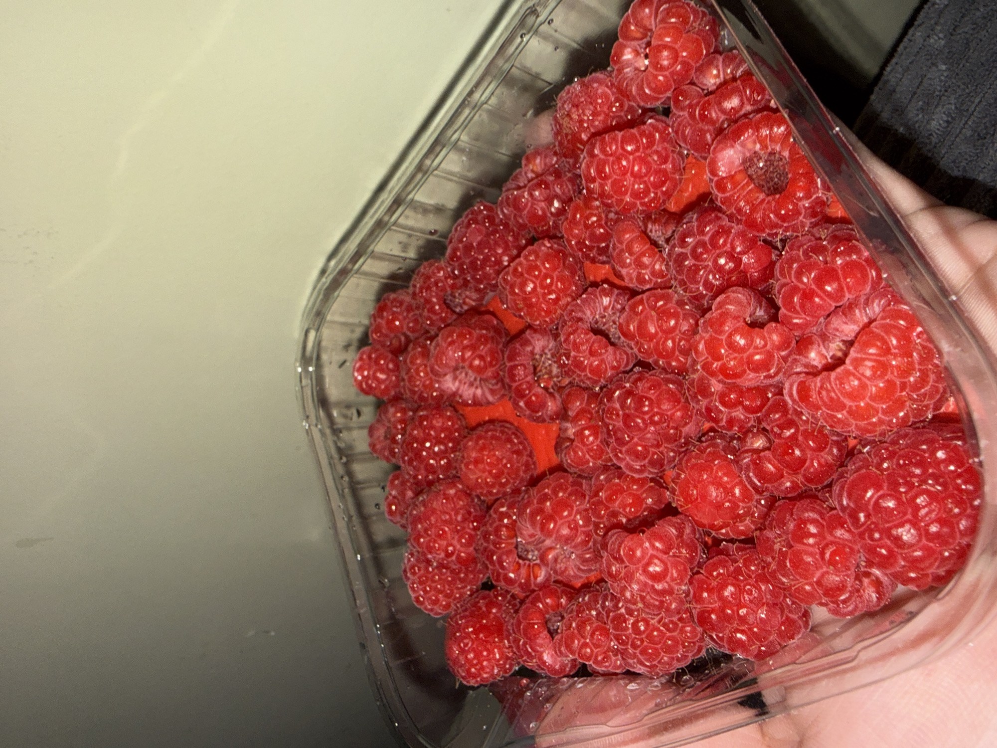 The image shows a clear plastic container filled with fresh raspberries. The raspberries are a vibrant red color, and appear to be ripe. The container is placed on a flat surface, with a light-colored wall in the background. The lighting suggests an indoor environment. There is no identifiable location within the city of Varna, Bulgaria.