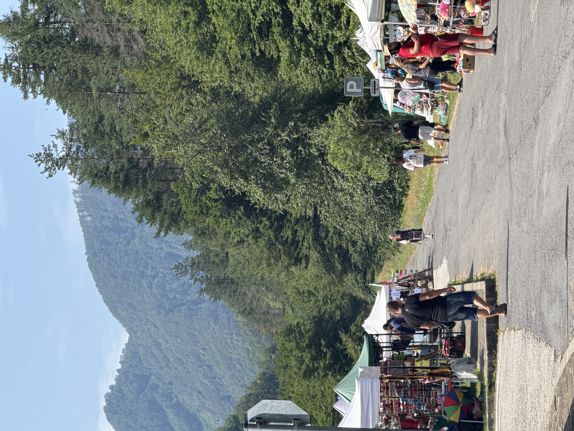 A street market is set up along a paved road in a mountainous, forested area, likely in or near Ribaritsa, Bulgaria. Tents with white and green canopies are erected on both sides of the road, displaying various goods. Several people are browsing the stalls or walking along the road. A man in a black t-shirt and denim shorts walks away from the camera on the right side of the road, carrying a black bag. On the left side of the road, another man in a black t-shirt and denim shorts is seen from behind, near some of the market stalls. A woman in traditional Bulgarian attire, with an elaborate headdress and embroidered clothing, walks away from the camera on the right side of the road. Other individuals, dressed in casual clothing, are scattered throughout the market area. A parking sign with a "P" symbol is visible. The background consists of lush green trees and rolling mountains under a clear blue sky. The atmosphere appears to be that of a sunny day at an outdoor market event.