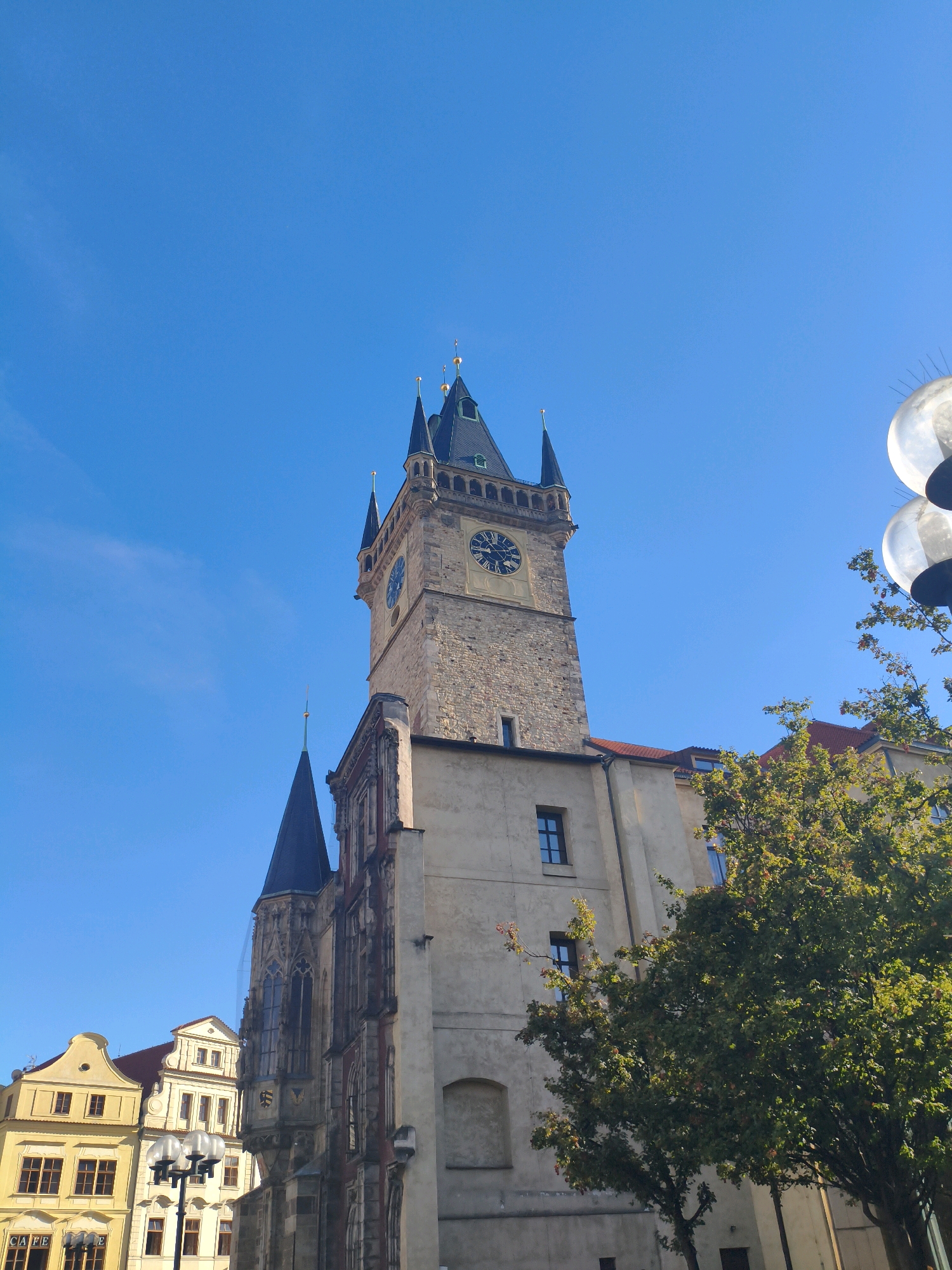 The image shows the Old Town Hall Tower in Prague, Czechia, under a clear blue sky. The tower is a prominent stone structure with a dark spire, featuring a large clock face. Adjacent to the tower is a gothic-style spire. In the foreground, a large tree with green foliage partially obscures the lower part of the building. To the left, the facades of several colorful buildings, characteristic of Prague's Old Town Square, are visible, including one with a sign that reads "CAFE". A streetlamp with multiple spherical globes stands in front of these buildings. The overall scene captures a sunny day in a historic European city square.