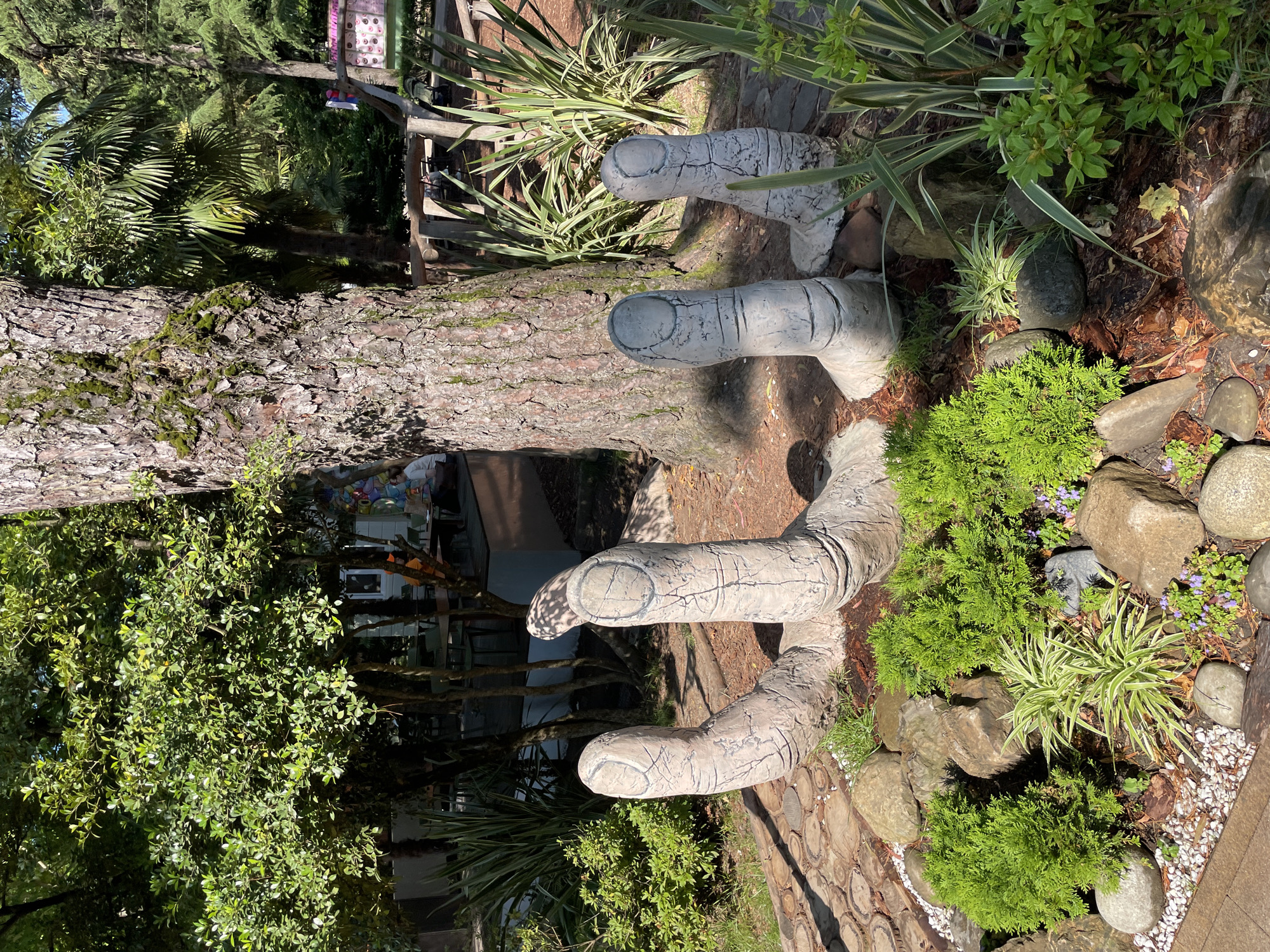 A stone sculpture of a giant hand emerges from the ground in a park setting. The hand is composed of several large, segmented fingers that are shaped and textured to resemble cracked skin. The fingers are partially buried in soil and surrounded by rocks, wood chips, and various types of green foliage, including small bushes and tall, spiky plants. In the background, a large tree trunk stands prominently, with its bark covered in moss. Beyond the tree, there are more trees and palm trees, as well as glimpses of what appears to be an outdoor seating area with tables and chairs. A wooden fence and a brightly colored sign are visible further in the background. The scene is bathed in sunlight, casting shadows on the ground.