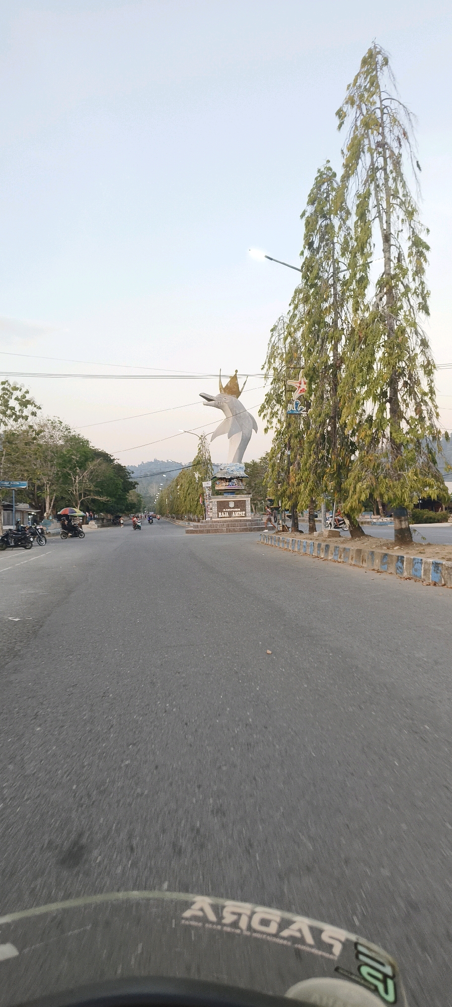 The image depicts a wide, paved road in Waisai, Indonesia, likely a main thoroughfare. On the right side of the road are several tall, slender trees with sparse foliage, followed by a curb and a paved area. On the left side of the road, there is a line of trees and several parked motorcycles.
Dominating the background is a large, white sculpture of a dolphin wearing a crown, a prominent landmark. In front of the dolphin sculpture is a monument with the inscription "KABUPATEN RAJA AMPAT". The sky above is a pale, clear, light blue, suggesting either early morning or late afternoon.
Several people are visible on the left side of the road near the parked motorcycles. Further down the road, there are a few more people and motorcycles, indicating some level of activity. The overall scene is of a public space in Waisai, with the dolphin sculpture serving as a focal point. The perspective suggests the image was taken from a moving vehicle, possibly a motorcycle, given the blur at the bottom of the frame and the visible handlebars with some text.