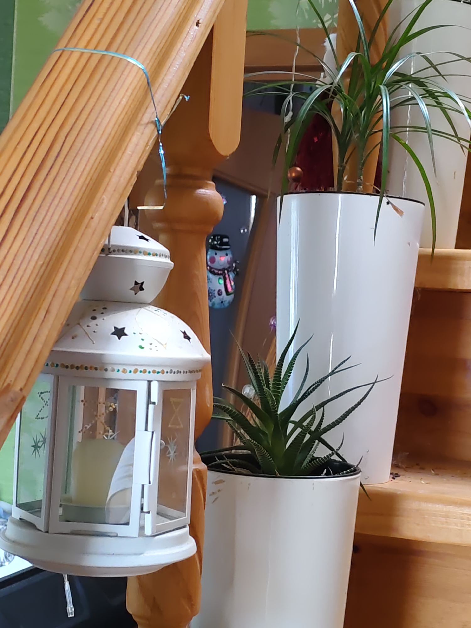 A still life photograph depicts a cluster of indoor plants and decorative items situated on a wooden staircase. In the foreground, a white, decorative lantern with cut-out star patterns and colorful dot accents hangs from a light blue string tied to the wooden railing. Inside the lantern, a pale yellow, flameless candle is visible. To the right of the lantern, two white planters contain green plants. The taller planter holds a leafy plant with long, slender leaves, while the shorter planter contains a succulent with spiky, striped leaves. The wooden staircase features natural grain and a slightly worn appearance. In the background, a small, whimsical snowman figurine with a pink scarf and black hat is partially visible. The overall setting suggests an indoor environment, likely a residential interior, possibly in Rostov-on-Don, Russia, based on the provided context.