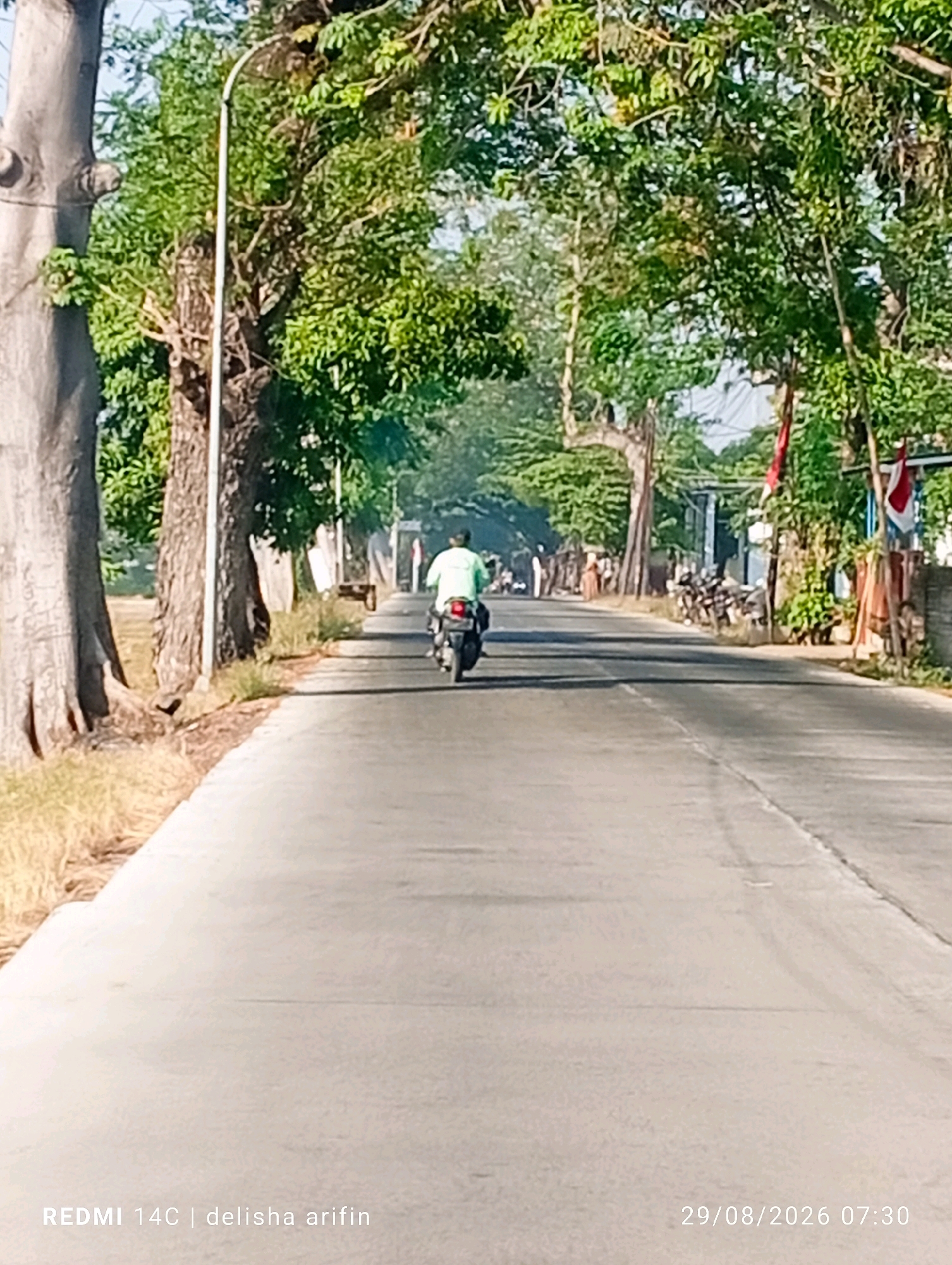 The image captures a paved road in a rural or suburban setting, likely in Ngabar, Indonesia, as indicated by the timestamp. The road is lined with mature trees whose branches form an archway over the street, creating a natural canopy. Sunlight filters through the leaves, casting dappled shadows on the asphalt.
In the foreground, a person is riding a motorcycle away from the camera. The rider is wearing a light green shirt. The motorcycle appears to be a standard commuter model.
The environment suggests a warm climate, with dry grass visible on the sides of the road. In the background, several parked motorcycles are visible near a building, and decorative flags, possibly national flags, are displayed. The sky is clear and blue. The overall impression is a peaceful, everyday scene in a community with lush vegetation.