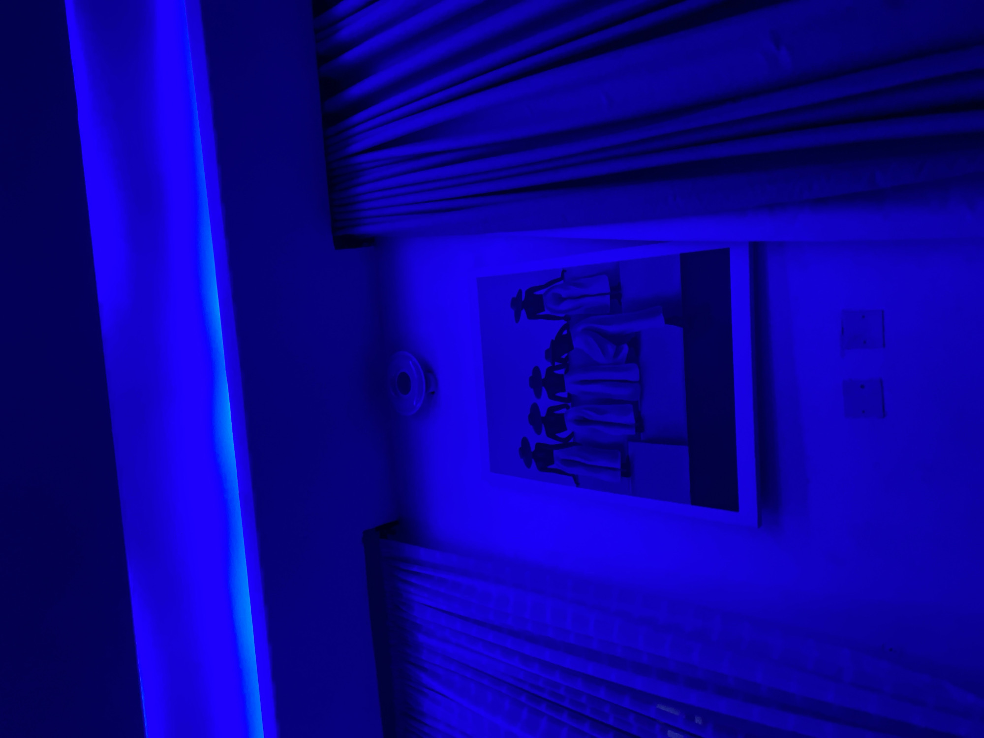 The image is an interior shot under strong blue lighting. The scene includes a section of a wall with a rectangular framed picture depicting silhouettes of people wearing hats and coats. There is also a circular smoke detector mounted nearby. Above and below the picture are portions of window blinds. The left side of the image contains a vertical light fixture emitting a bright blue light. Two electrical outlets are visible on the right side of the wall. The location is indeterminate.