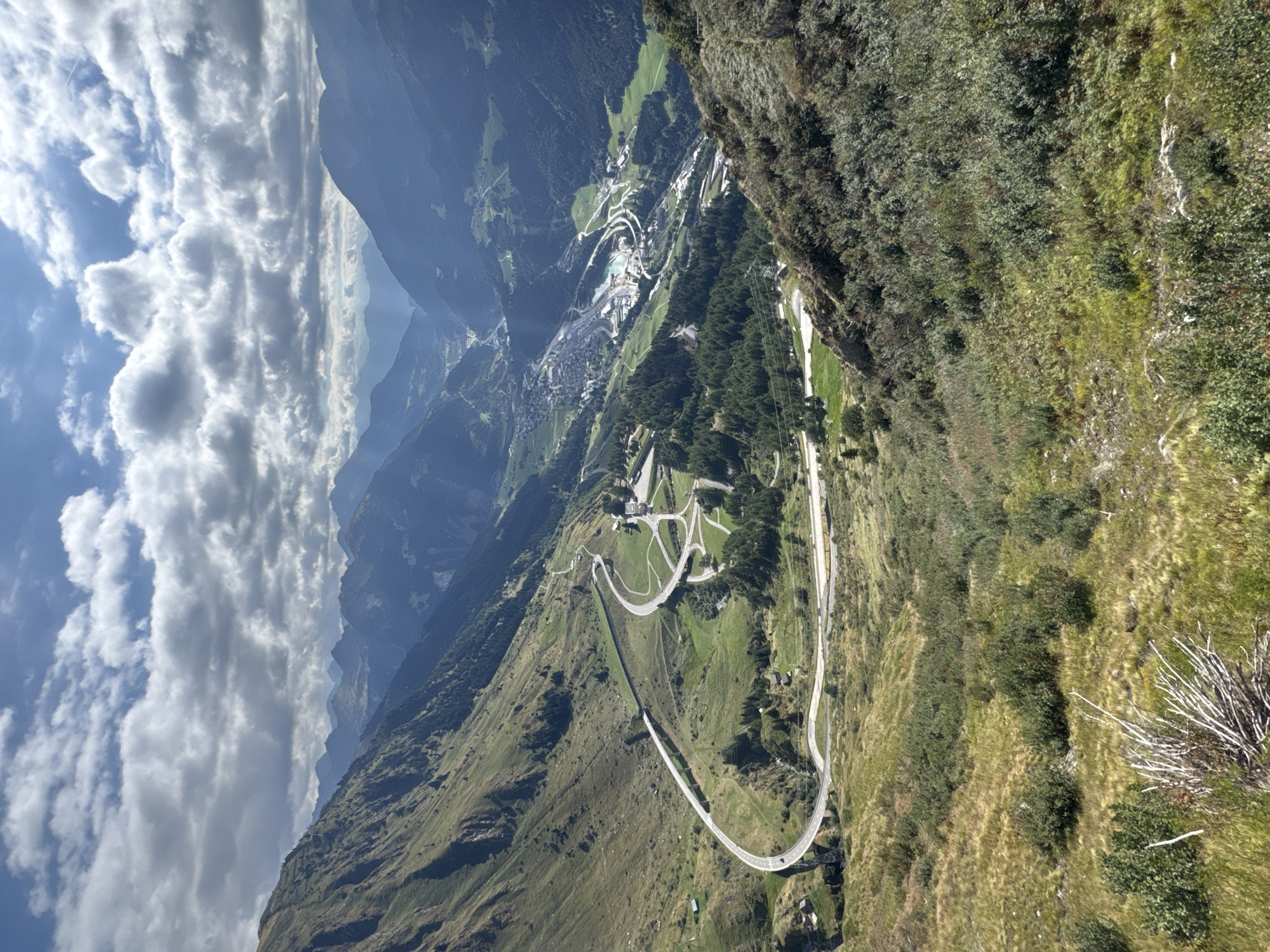 This image captures a panoramic view of the Gotthard Pass region in Switzerland, with a visible section of the town of Airolo nestled in the valley below. The landscape is dominated by steep, verdant mountains that rise dramatically on either side of a winding road system. The road is a prominent feature, with multiple elevated sections and sharp curves, appearing as a grey ribbon carved into the green slopes.
In the foreground, the mountainside is covered in dry, yellowish grass and scattered green bushes, suggesting an alpine environment. A cluster of dried, white branches is visible in the lower left corner. Further down the slopes, the terrain transitions to lusher green grass interspersed with dark green coniferous trees.
The road network is complex, with several bridges and overpasses visible, facilitating passage through the challenging mountainous terrain. One significant viaduct, a long, white structure supported by pillars, arches across a section of the valley. Adjacent to the road system are several small, scattered buildings, likely homes or service structures.
In the mid-ground and distance, the valley opens up, revealing the town of Airolo. It appears as a cluster of buildings with various roofs, some light-colored and some darker, situated amidst a network of roads and railway lines. A river or body of water, appearing turquoise, is visible within the town area. The valley is flanked by more densely forested mountains, receding into the background where layers of distant, hazy blue mountains are visible under a sky filled with dramatic, white cumulus clouds. Sunbeams break through gaps in the clouds, illuminating parts of the valley. The overall impression is one of a grand, natural landscape dramatically shaped and traversed by human infrastructure.