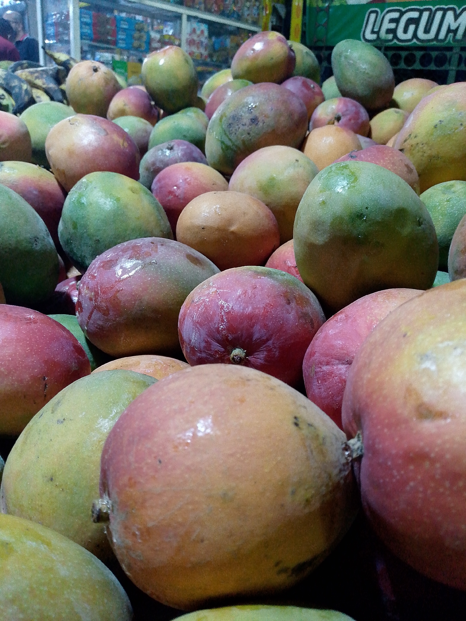 The image shows a close-up of a pile of mangoes. The mangoes are of varying colors, including green, yellow, orange, and red. Some appear to have water droplets on their skin. A sign with "LEGUM" is partially visible. The image appears to be taken at a marketplace in Tinaquillo, Venezuela.