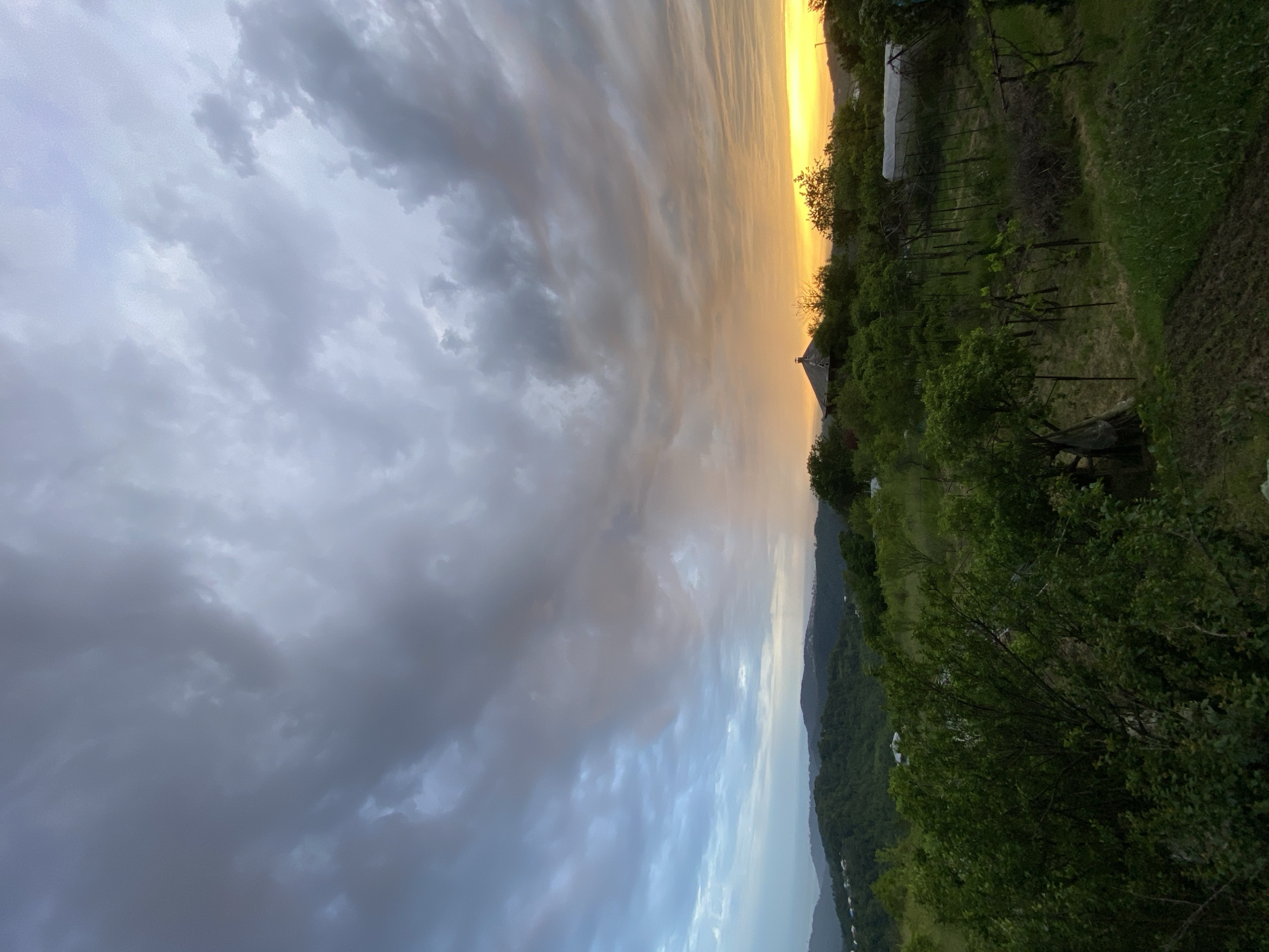 The image depicts a landscape at dusk or dawn in the vicinity of Прогресс, Russia. The sky is dominated by layered clouds, transitioning from dark grey and stormy formations on the left to lighter, striated clouds with a golden hue towards the horizon on the right. This indicates the presence of a setting or rising sun.
The land features a sloping hillside covered in lush vegetation, including trees, shrubs, and grassy areas. A structure, possibly a house or building, is nestled among the trees. There appears to be a vineyard or orchard present, characterized by rows of support poles for vines or trees.
In the far distance, a mountain range is visible. Small structures, potentially houses or settlements, can be seen scattered along the lower slopes of the mountains.