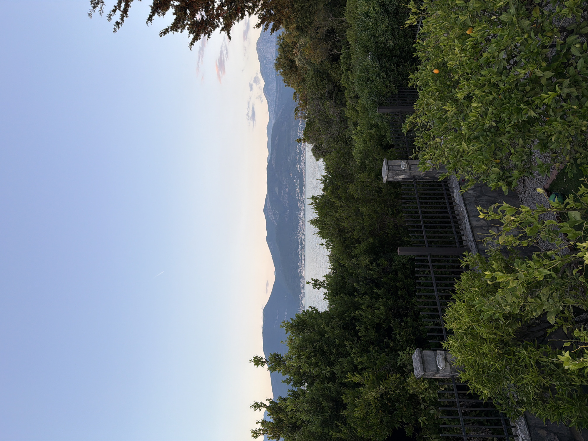 The image shows a view from Gošići, Montenegro, with the Adriatic Sea and mountainous coastline visible in the background. A blue sky occupies the left side of the frame. In the foreground, a wrought-iron fence runs vertically, bordered by greenery including trees with green leaves, some bearing orange fruit. Stone pillars with light fixtures punctuate the fence line. The composition includes elements of both natural and man-made structures, portraying a landscape view from an elevated position.