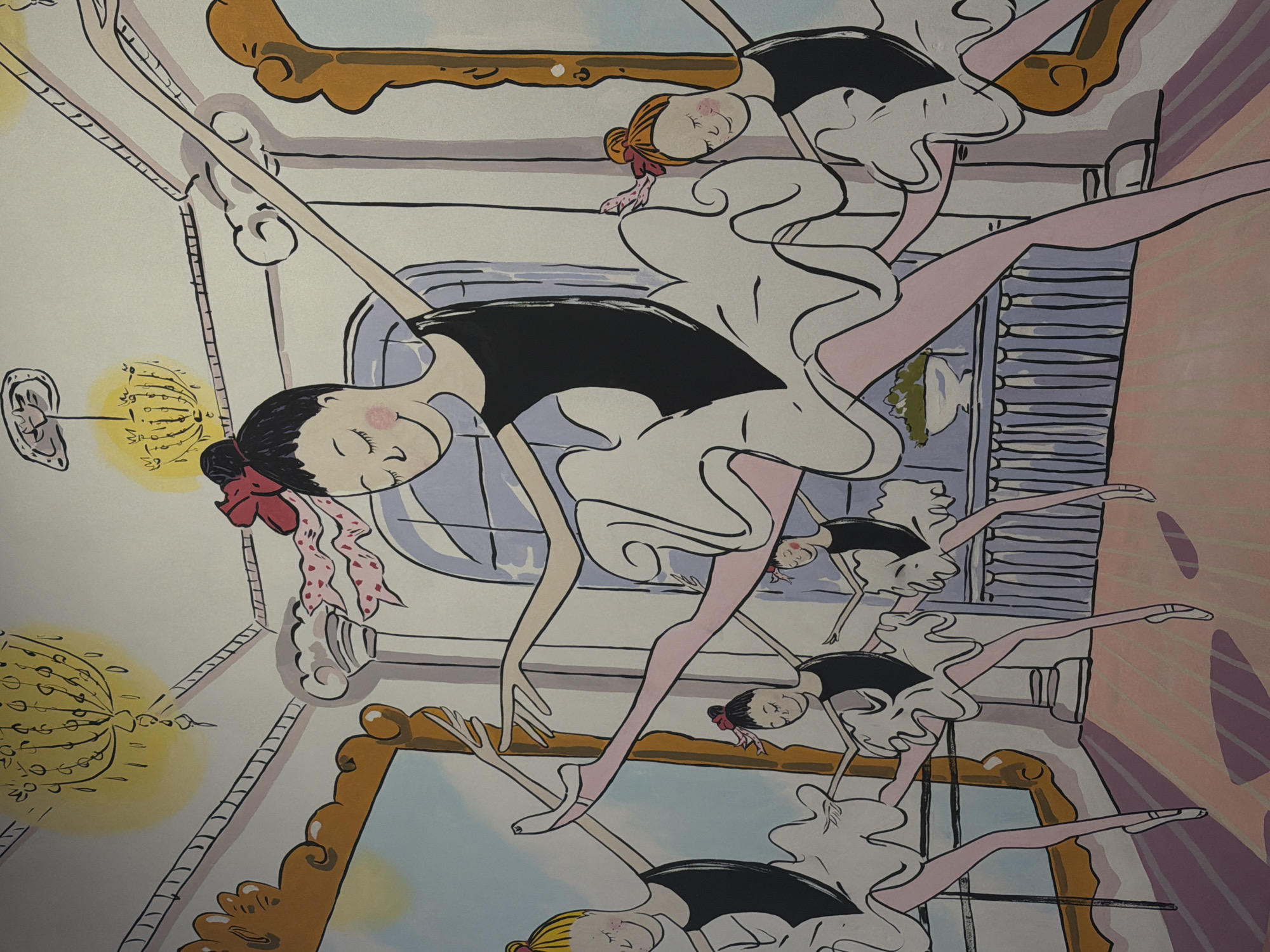 The image is a cartoon-style illustration of ballerinas dancing in a room. The room features elements like ornate picture frames, window shutters, and chandeliers. The overall aesthetic suggests an artistic or whimsical depiction of a dance studio or a dancer's dream-like interior space. There is no indication that it's from Moscow, Russia.