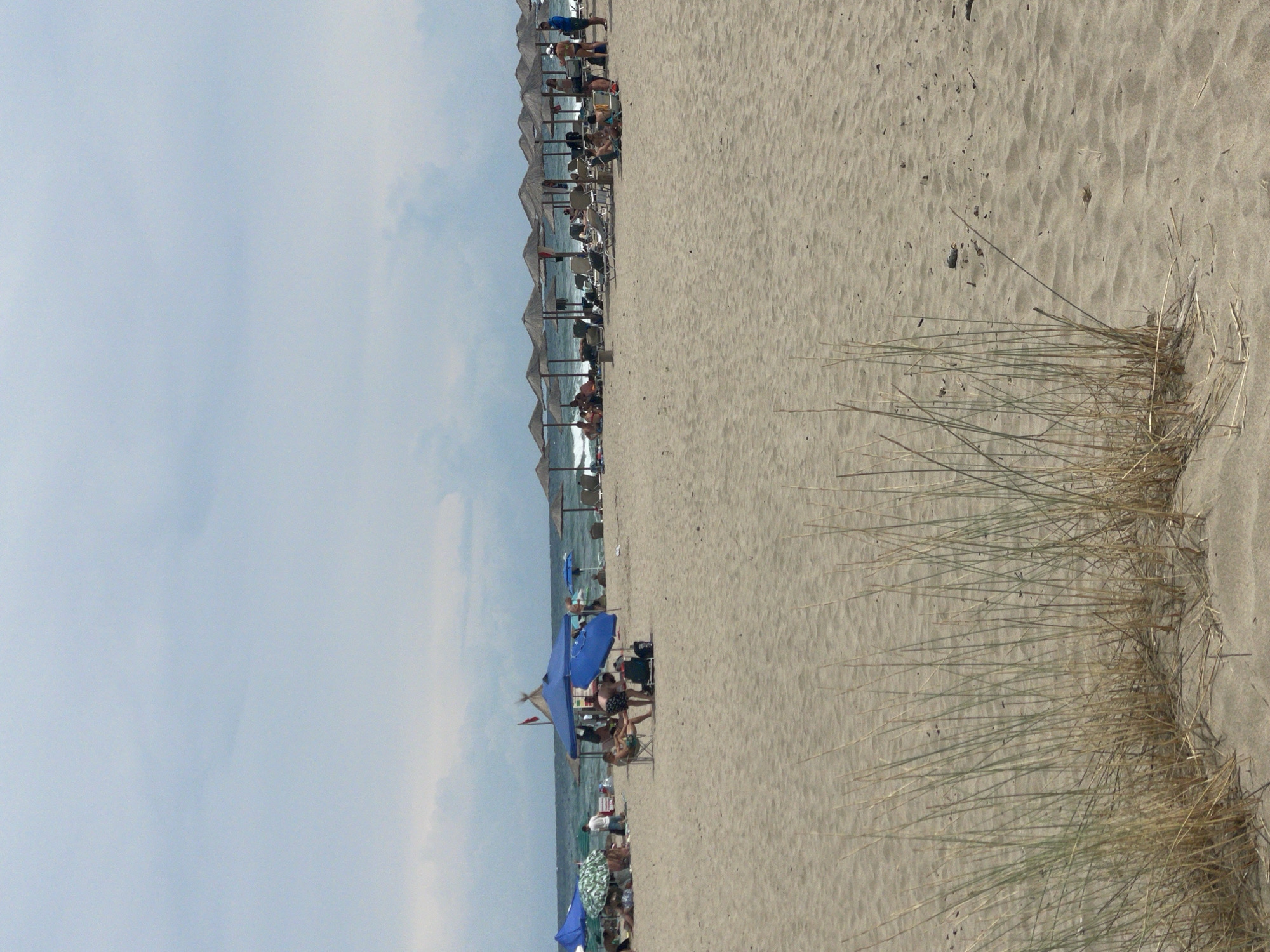 The image depicts a sandy beach in Rezovo, Bulgaria, with the Black Sea in the background under a cloudy sky. The foreground features dry grass and sand dunes. Several beach umbrellas and sun loungers are visible, some occupied by people. In the mid-ground, various individuals are seen relaxing, sitting, or standing. On the left, there are blue and green umbrellas, with people seated beneath them. In the center, a blue tent-like structure is set up, and a few people are gathered around it. Further to the right, a row of straw umbrellas shelters numerous sunbathers and empty loungers. The water appears calm.