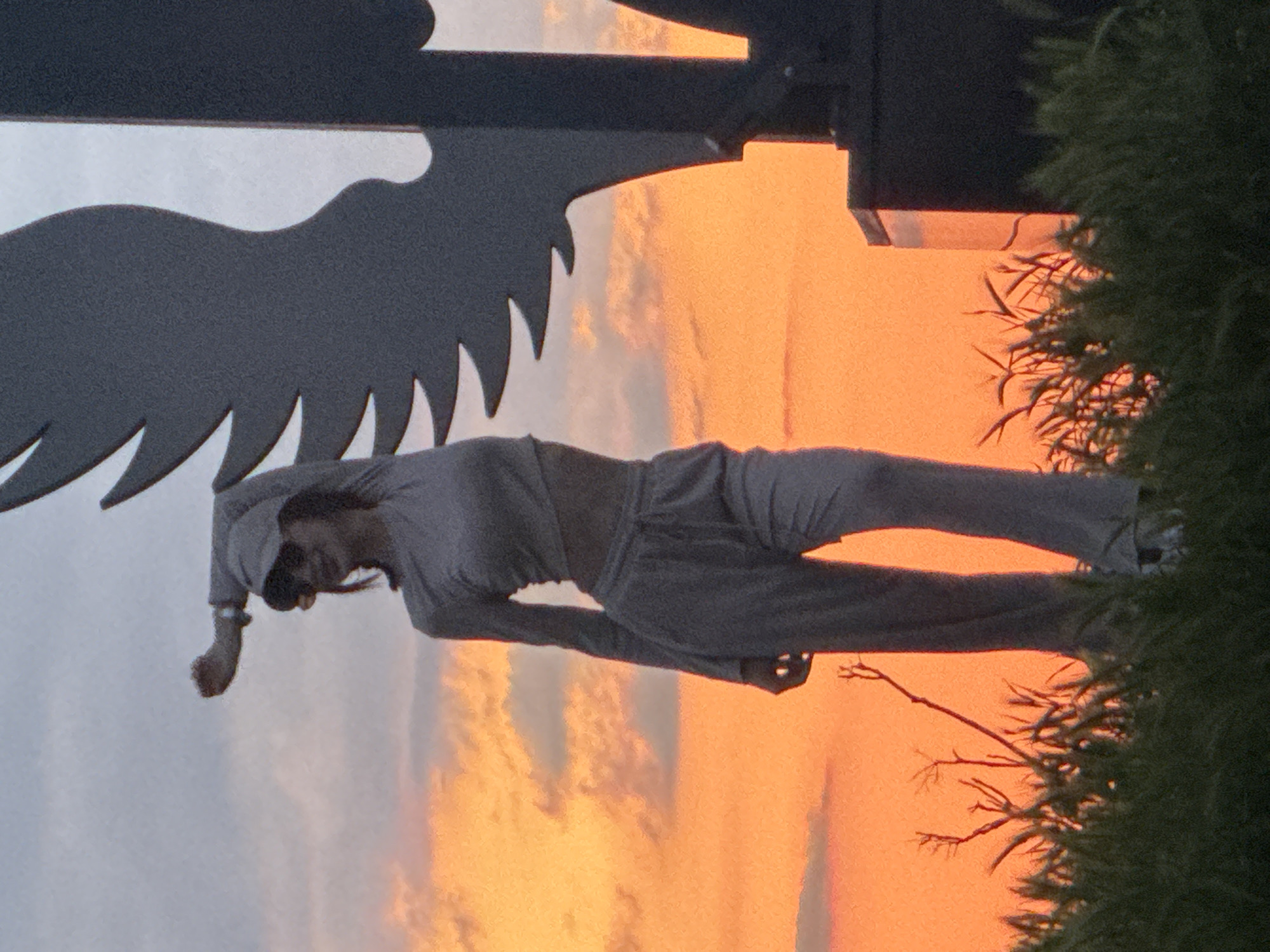 The image shows a person appearing suspended horizontally against a vivid twilight sky, framed by a distinctive dark structure and green foliage. The individual, dressed in a grey hooded sweatshirt and matching track pants, lies across the mid-section of the frame. Their head is oriented towards the left, slightly looking downwards. Their right arm is bent with a clenched fist, while their left arm is also bent at the elbow, with the hand near their hip.
Dominating the upper part of the frame is a large, dark, jagged-edged silhouette, resembling abstract sharp forms or the teeth of a saw. This prominent structure suggests a unique art installation or architectural element, potentially located in Varna, Bulgaria.
The background sky displays a clear transition from a lighter, cloudy grey on the left to a brilliant orange and yellow glow on the right, indicating either sunrise or sunset. A patch of dark green foliage or bushes is visible in the bottom right corner. The overall scene creates a dramatic and dynamic visual, with the person seemingly interacting with or posing against the distinctive structure and colorful sky. No text is visible in the image.