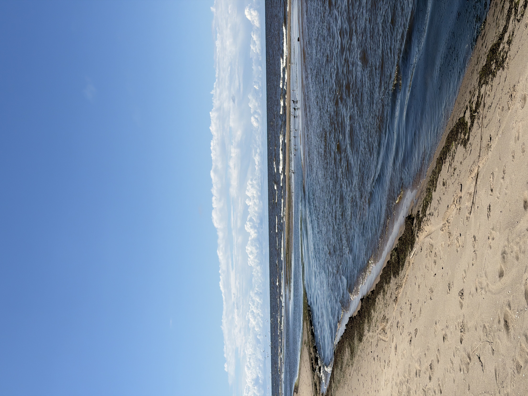 The image depicts a sandy beach and the sea under a bright blue sky with scattered white clouds. The water is a dark blue with visible waves. Several birds are scattered on the sandbar and in the shallow water. The foreground shows footprints in the sand, suggesting human presence. The scene appears to be a natural coastal environment. The location is Bātciems, Latvia, a seaside resort known for its beaches.
