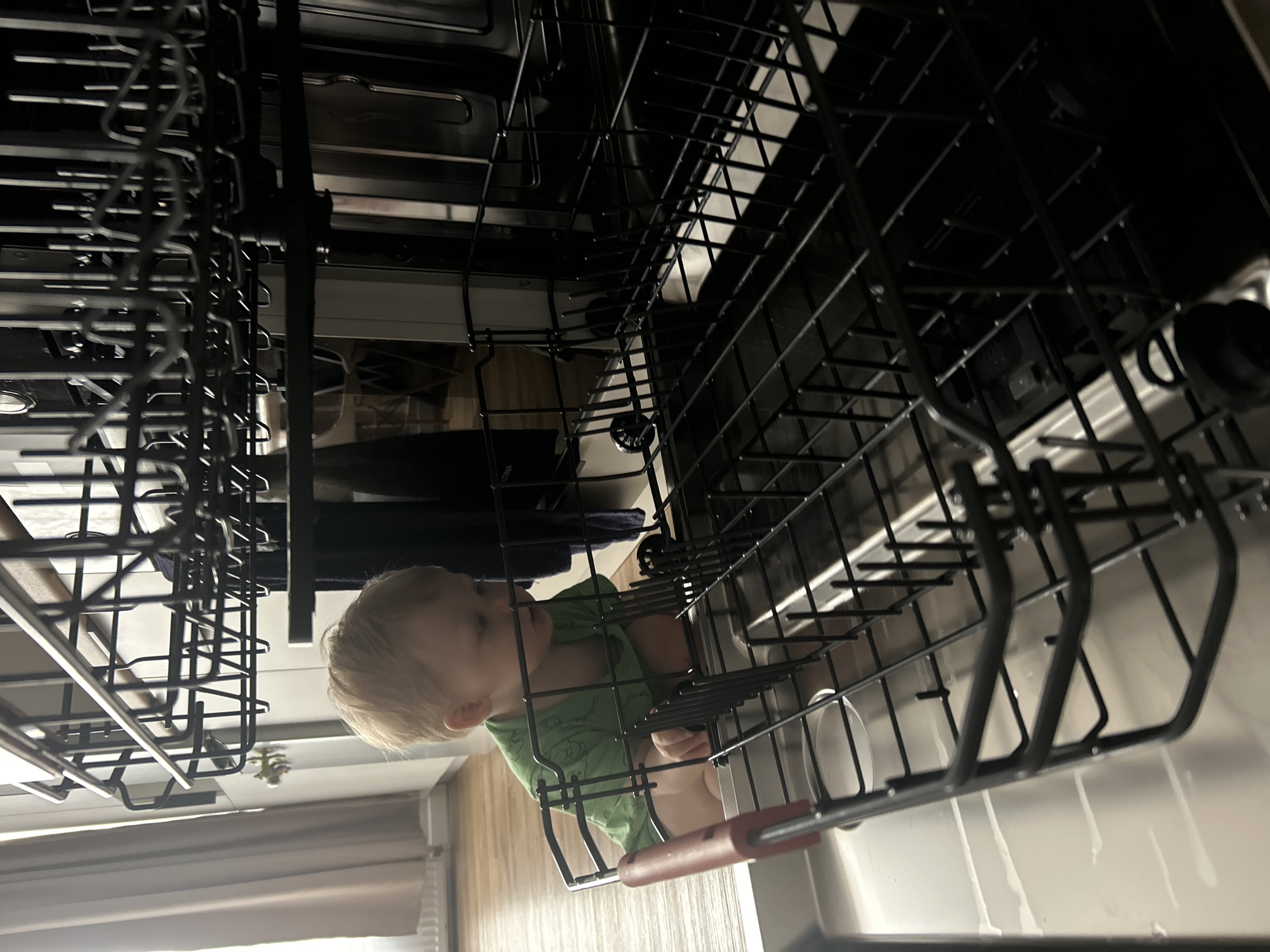 A young child is inside a dishwasher. The dishwasher appears to be located in a residential setting, based on the view outside the window, which reveals a building and a curtain. There is no evidence to suggest the location is in Chaikovsky, Russia.