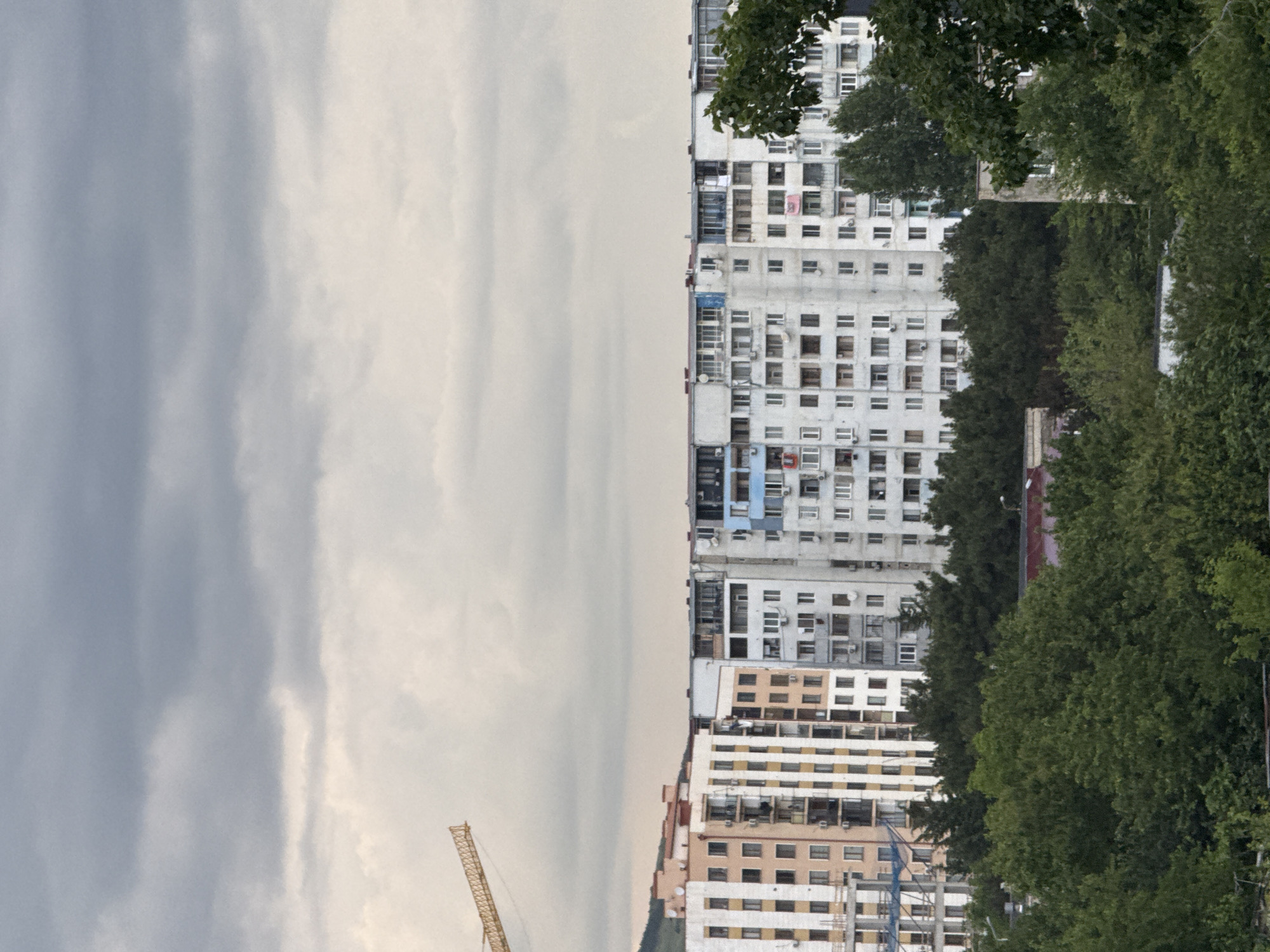 The image captures a cloudy day in Tbilisi, Georgia, focusing on a row of multi-story apartment buildings. The buildings appear to be of Soviet-era architecture, characterized by their uniform facades and numerous balconies. Some buildings are painted in muted tones, while others display variations in color, including sections with blue and pink accents. A construction crane is visible in the upper left portion of the frame, suggesting ongoing development in the area. The foreground is dominated by lush green trees, creating a natural contrast with the urban landscape. The overall impression is of a residential district under an overcast sky.