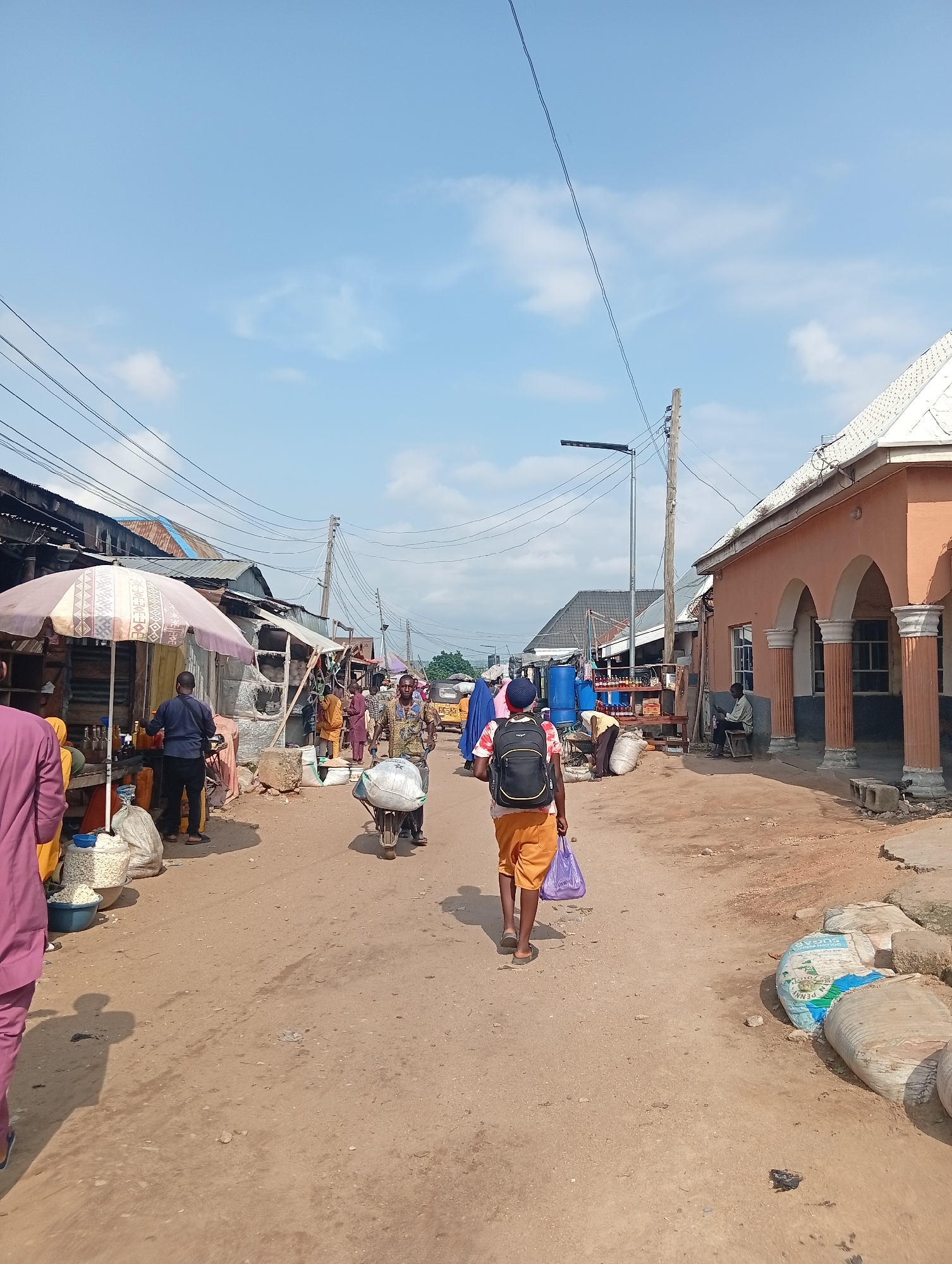 This is a street scene in Jalingo, Nigeria, likely a market. In the foreground, a person with a backpack walks away from the camera, wearing an orange skirt and a patterned top. To the left, a person in a purple outfit walks towards the camera.
Further down the street, a man pushes a wheelbarrow filled with a large sack of what appears to be grain. Several market stalls line both sides of the dirt road, constructed from corrugated metal and wood. These stalls display various goods, including what look like beverages in bottles and large blue containers. Several other individuals are visible, some standing near the stalls and others walking.
The environment is dusty and unpaved, indicative of a rural or semi-urban setting. The sky is partly cloudy and bright. Utility poles with a network of electrical wires crisscross the upper portion of the image. A light-colored building with arched openings and a white roof stands on the right side of the street. The overall impression is a bustling, active marketplace in a Nigerian town.