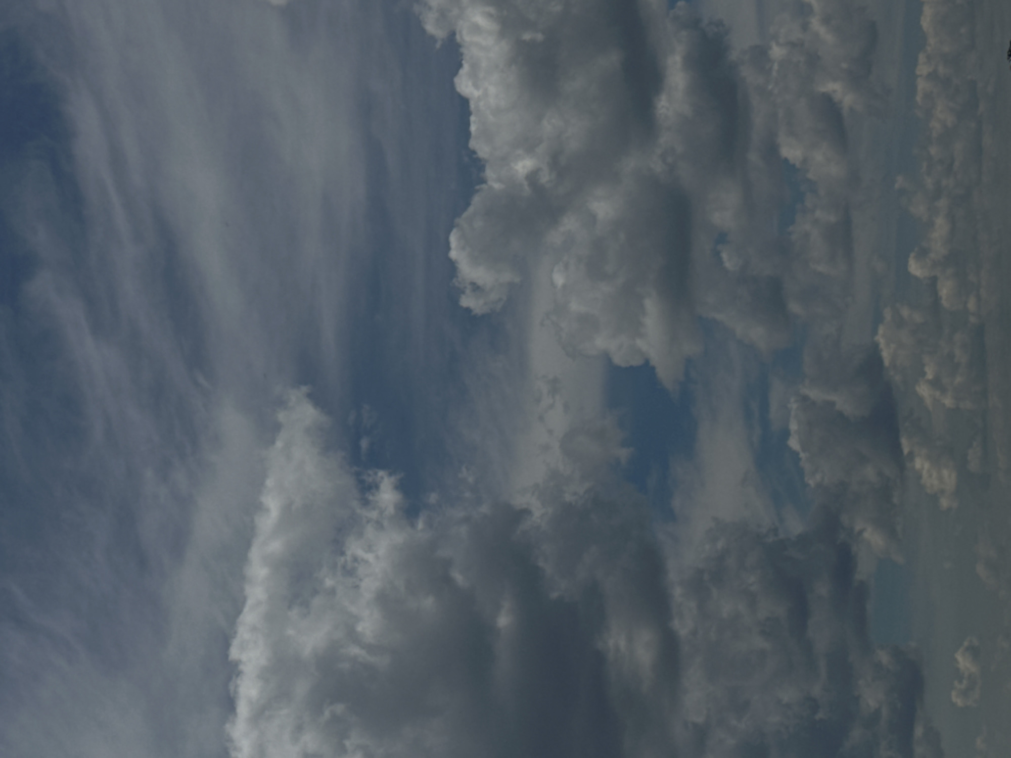 This media file depicts a sky filled with a variety of clouds. The clouds range from wispy, streaky cirrus formations on the left side of the image to large, fluffy cumulus clouds in the center and right. The sky is predominantly blue, suggesting it is daytime. Some of the cumulus clouds are dark and heavy, indicating potential for rain or stormy weather. The overall scene is a natural landscape, likely an outdoor setting. There are no visible people or man-made objects. The image appears to be taken from a ground-level perspective looking upwards. The orientation of the image is vertical, with the sky filling the entire frame. The lighting suggests it could be mid-day or late afternoon. No text is visible within the image.