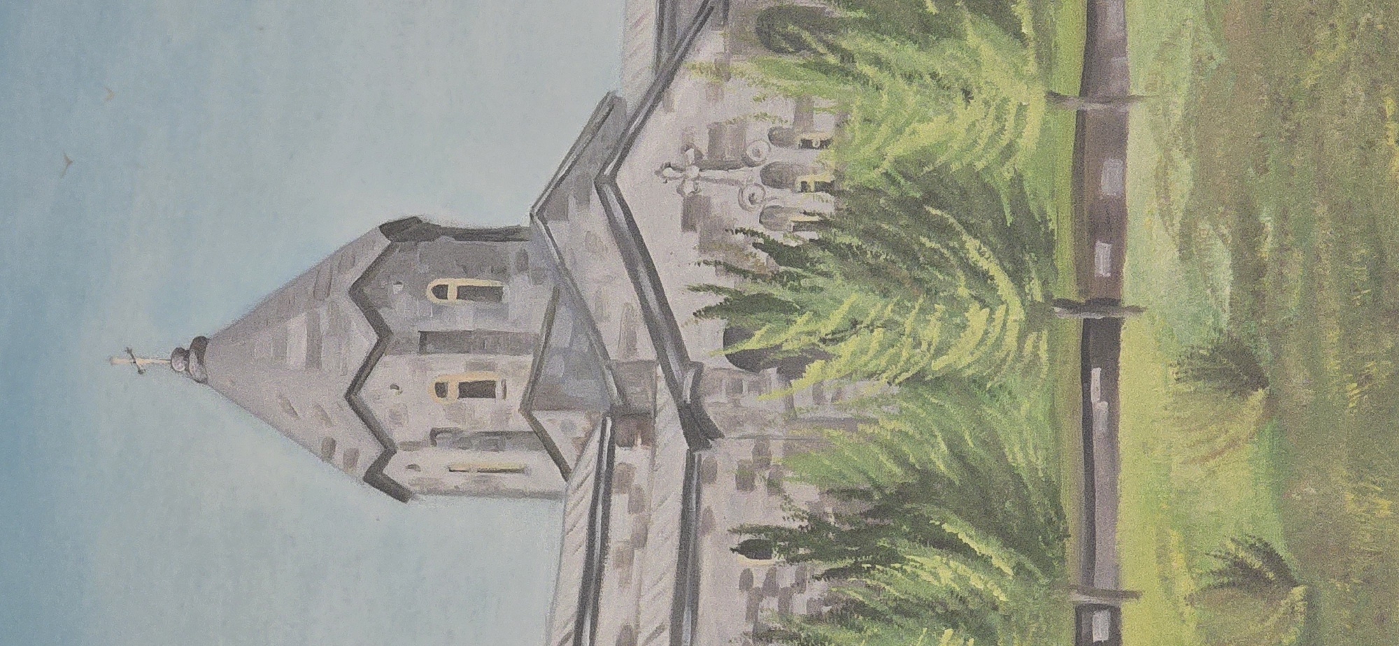 This is a vertical, medium shot, oil painting of a stone church with a conical steeple. The church has a grey, stone facade with visible mortar lines. There are a few arched windows on the steeple and the main body of the church. A small cross is visible at the apex of the steeple. To the right of the church, there are lush green bushes or trees painted in a loose, impressionistic style, with strokes of yellow and light green suggesting sunlight filtering through the leaves. The background is a pale blue sky. The painting appears to be a realistic representation of a religious building in an outdoor setting. There is no text visible in the image. The lighting suggests it is daytime.