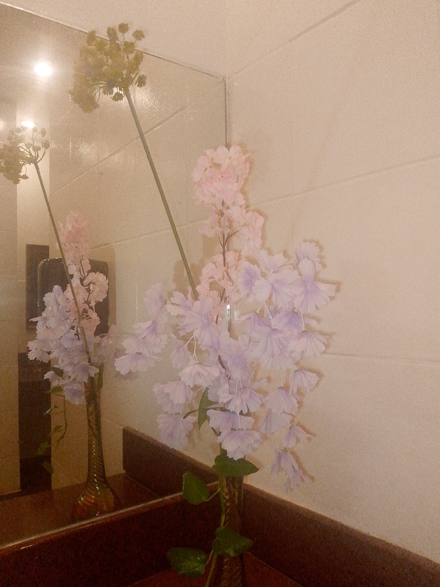 A vase of purple and pink flowers sits on a dark brown countertop. The countertop is in front of a mirror, which reflects the flowers and the surrounding bathroom environment. The walls of the bathroom are tiled with a light beige material. In the mirror's reflection, a tall, thin vase is visible, along with a glimpse of a dark object that might be a dispenser or another fixture. The scene appears to be indoors, and the lighting is dim and artificial. There are no people visible in the image. The location provided is Pedro González, Venezuela, but the scene depicted is an interior bathroom setting.