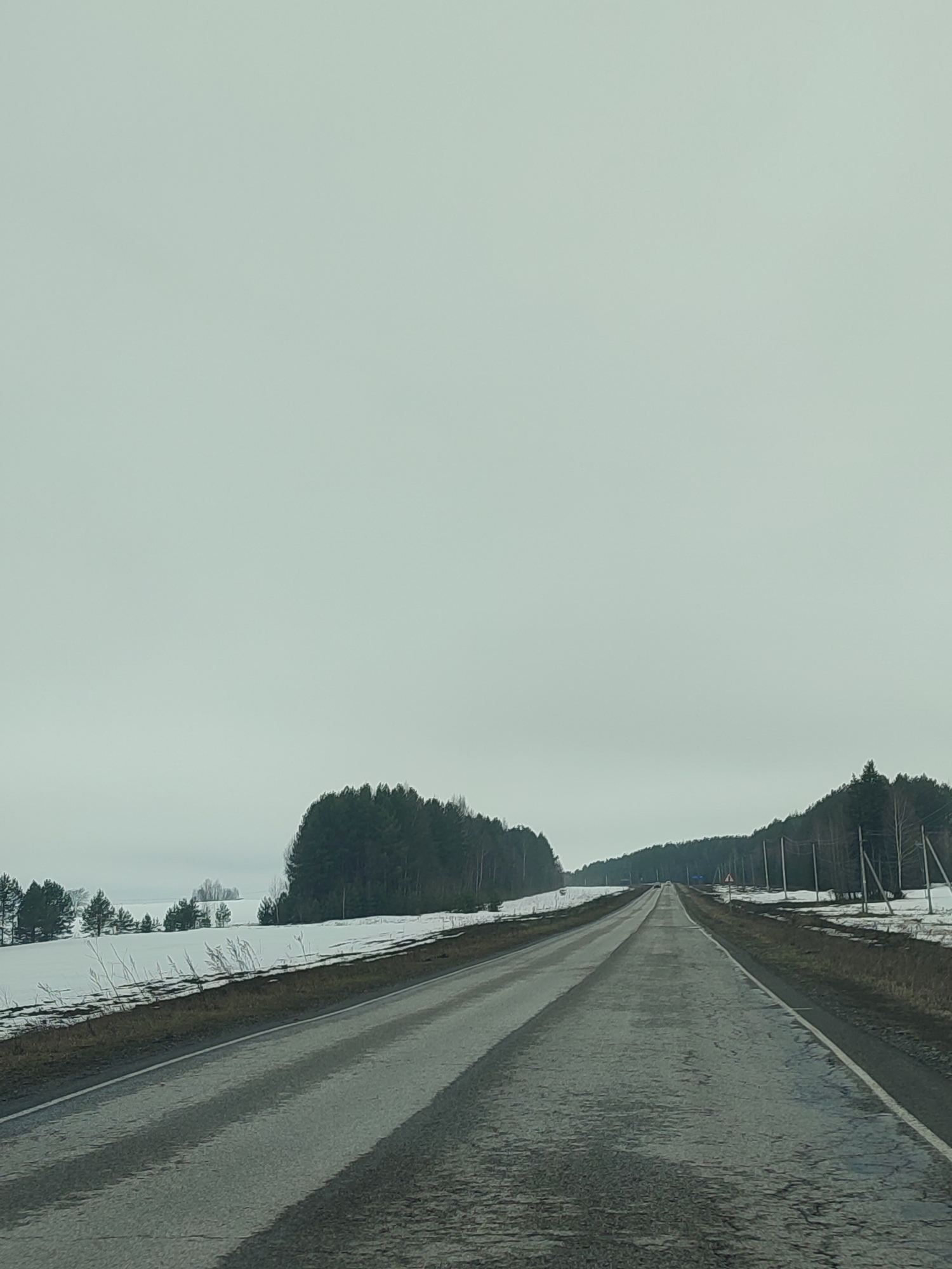The image depicts a straight, two-lane road stretching into the distance under an overcast sky. The road surface appears wet and worn. Snow is visible on the sides of the road in the adjacent fields and near stands of coniferous trees. The landscape is rural, with rolling hills in the background. The absence of any signage or specific landmarks makes determining the exact location within Ledukhi, Russia, impossible.