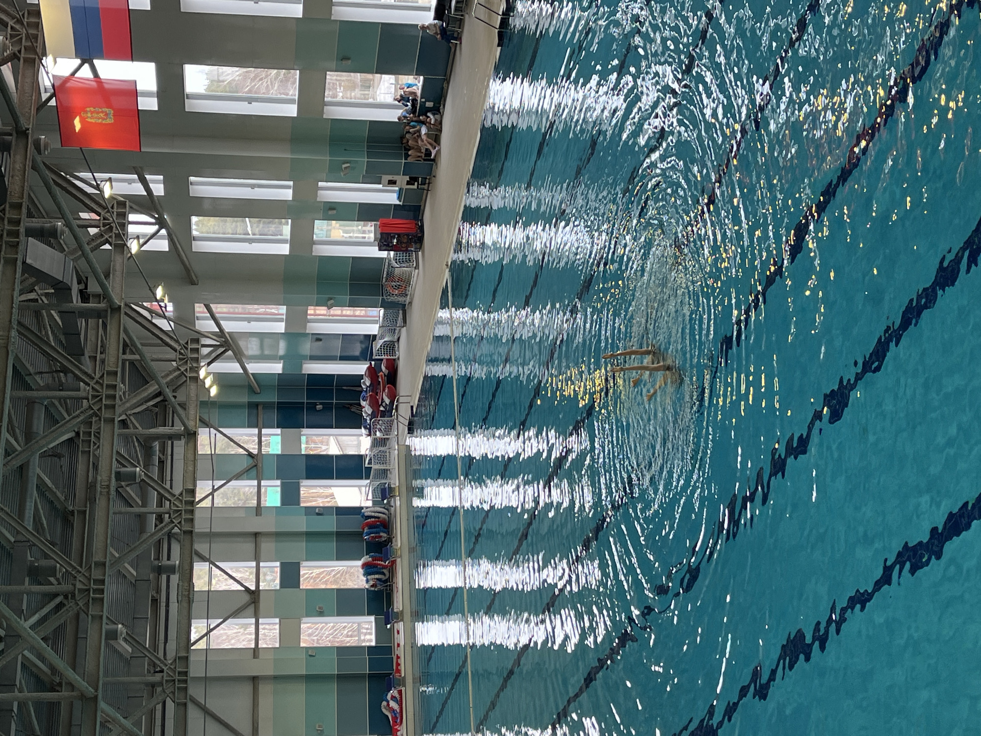 A swimmer is in the water of an indoor pool. There are multiple swimming lanes in the pool. Flags hang from the ceiling. Spectators sit along the side of the pool. The scene is likely in the city of Krasnoyarsk, Russia, given the Russian flag and the flag of Krasnoyarsk Oblast are visible.