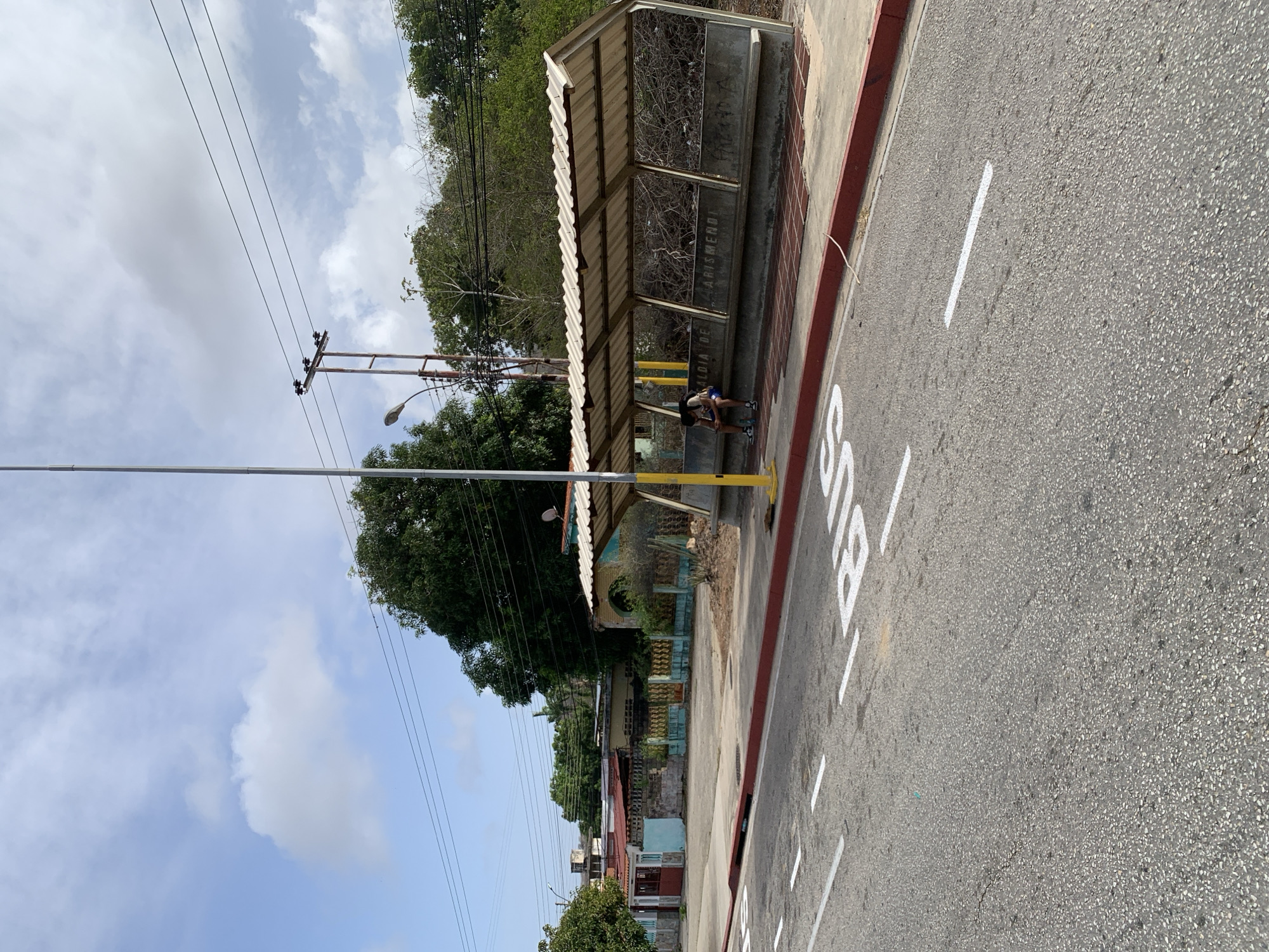 The image captures a daytime street scene in La Asuncion, Venezuela, dominated by a bus stop on the right side of the frame. A bus shelter with a corrugated metal roof and concrete walls stands next to the road, with a yellow pole marking its position. Inside the shelter, a single person is seated on a bench, wearing dark shorts and a light-colored top, appearing to be resting or waiting.
The asphalt road in the foreground features a prominent red curb along its edge. White painted markings are visible on the road surface, including the large word "BUS," indicating the designated bus stop area.
Overhead, multiple power lines stretch across the sky, connected to a utility pole that also supports a street light. The sky is partly cloudy with bright white cumulus clouds, suggesting clear, sunny weather. In the background, behind the bus stop and lush green trees and brush covering a slope, several residential buildings with varied facades and roofs are visible, lining the street.
Notable text includes the word "BUS" painted on the road and a partial inscription on the bus stop wall that reads "ALCALDIA DE ARISMENDI." The setting depicts a typical local street with public transport infrastructure and surrounding residential areas.