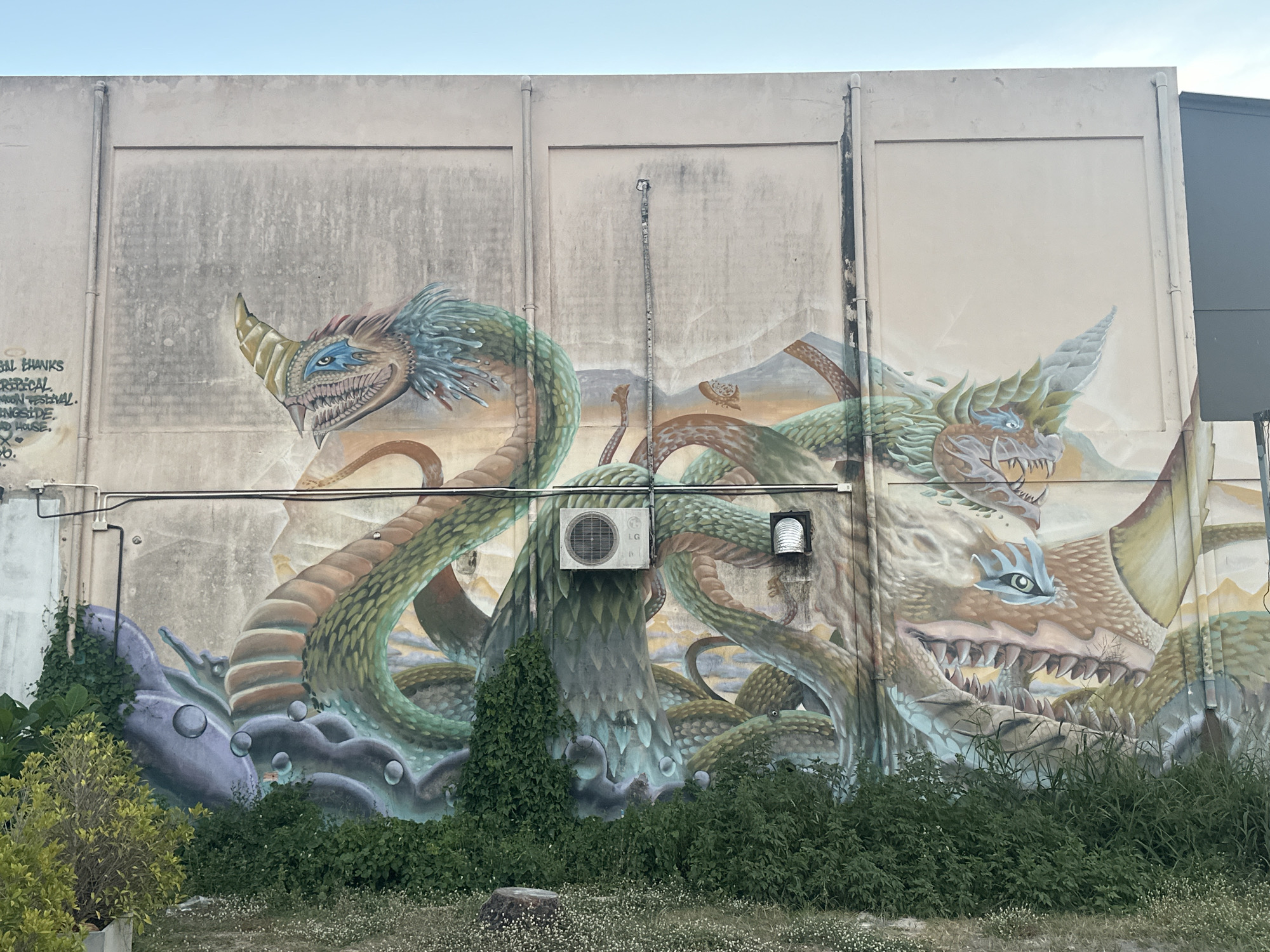A mural depicting two mythical serpentine creatures covers the side of a building in ตำบลเกาะพะงัน, Thailand. The creature on the left has a green, scaled body, a horned head with blue and red accents, and a long, serpentine neck. The creature on the right is larger, with a more aggressive posture, a tan and brown scaled body, and sharp teeth. Both creatures appear to be emerging from a turbulent, watery environment depicted with purple and blue hues and bubbles. The mural is painted on a concrete wall which shows signs of age and weathering, with some staining and dirt accumulation. An outdoor air conditioning unit is mounted on the wall, partially obscuring the mural. Dense green foliage and some small white flowers grow at the base of the wall, obscuring the lower portion of the mural. The sky above is a clear, pale blue. The overall scene suggests an urban art installation in a tropical or subtropical climate.