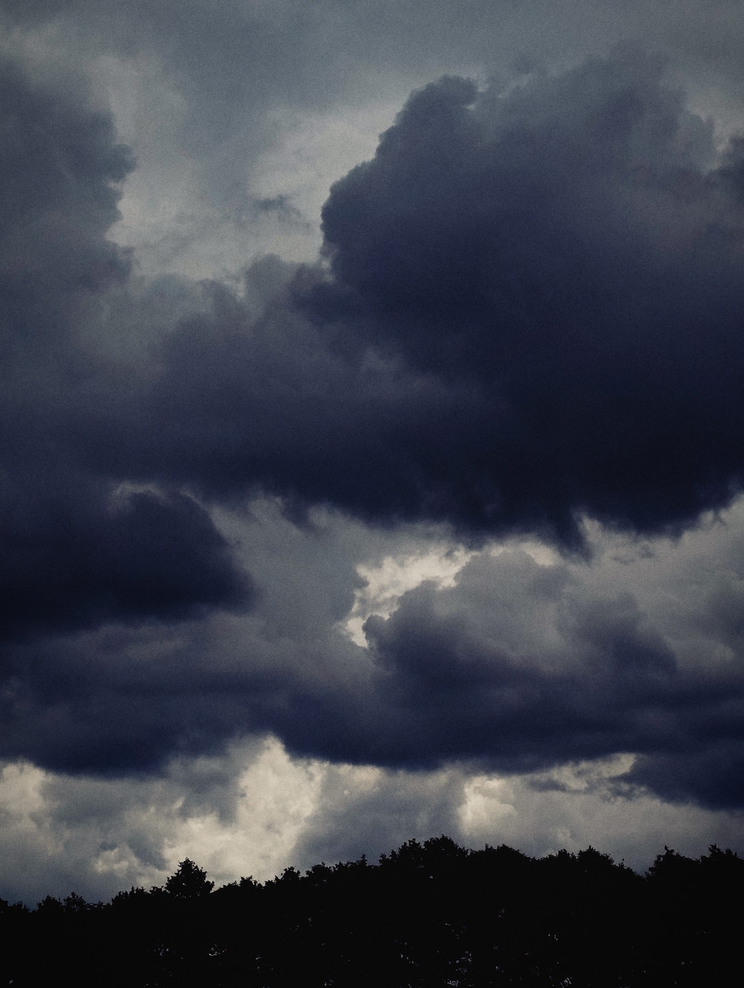 The image depicts a dramatic sky filled with dark, heavy storm clouds. The clouds are varied in texture and density, with some areas appearing almost black and others showing lighter grey or white tones where light breaks through. The overall mood is ominous and foreboding.
Below the turbulent sky, the dark silhouette of a dense line of trees stretches across the horizon. The foliage is uniform in its blackness, obscuring any details of individual trees or leaves. The ground is not visible.
The image appears to be a landscape photograph taken outdoors, likely in a natural or semi-natural setting on the outskirts of a city, given the contrast between the wild sky and the treeline that might represent a park or wooded area bordering an urban environment.
The provided context suggests the location is the city of Minsk, Belarus. Without further information or visual cues within the image itself, it is impossible to pinpoint a specific location within Minsk. The scene is devoid of any people, specific actions, or interactions. The environment is entirely natural, characterized by the sky and the treeline.