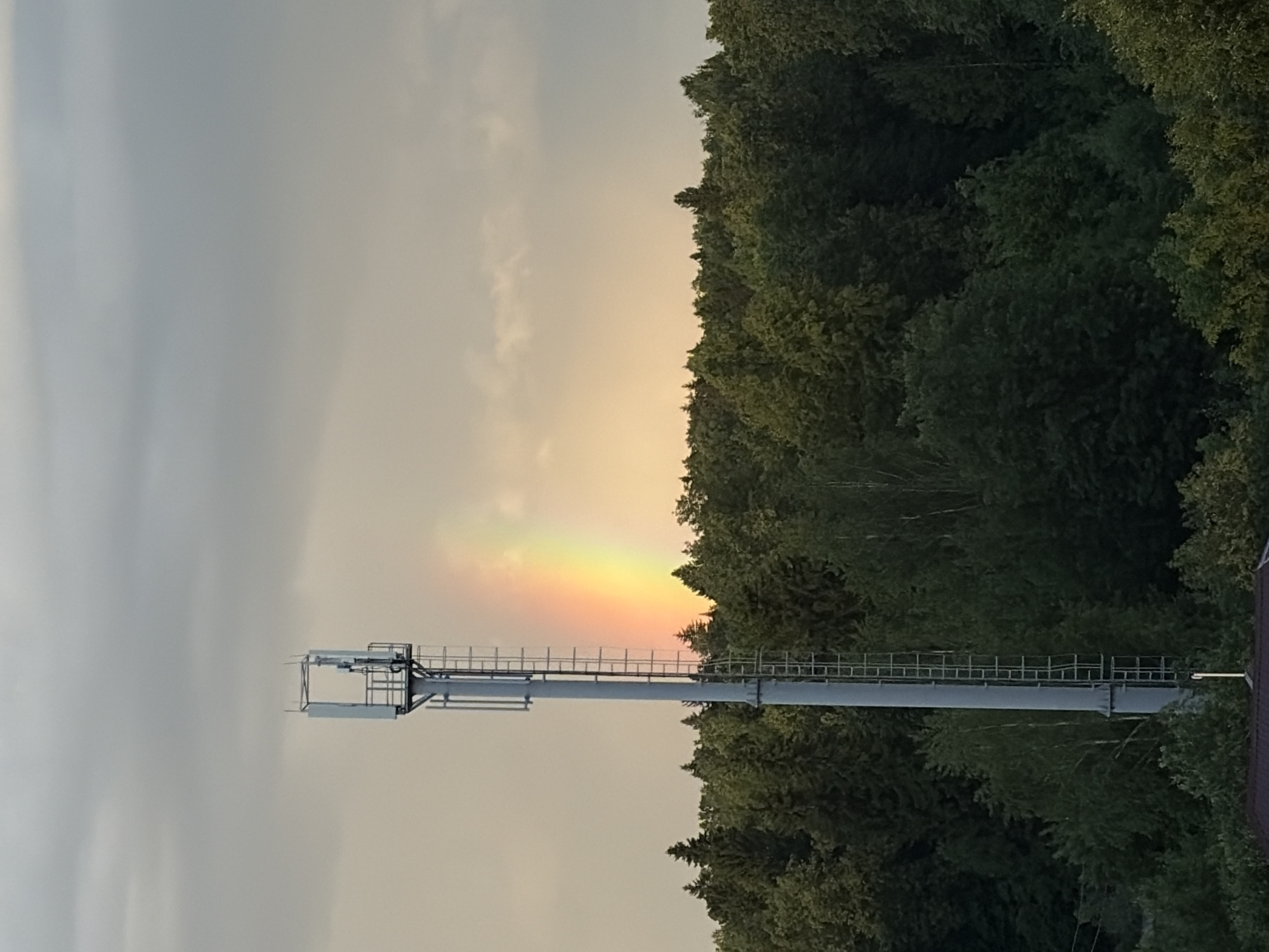 The image shows a cell tower against a backdrop of trees and sky. A rainbow is visible behind the tower, creating a colorful arc in the sky. The sky is overcast with a soft, golden hue near the horizon. The tower is a gray metal structure with several platforms and antennas. The trees are dense and green.
There is no indication this image is from Izhevsk, Russia.