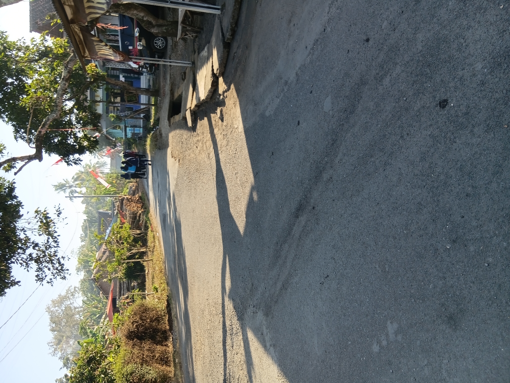 A paved road runs through a rural area, likely the city of Tanggul Wetan, Indonesia. The road is bordered by vegetation, including trees and bushes, and some residential structures with corrugated metal roofs. In the background, several people are walking away from the camera on the right side of the road. A black vehicle is parked near a building on the right. The scene is illuminated by sunlight, casting shadows across the road. The overall atmosphere suggests a quiet, everyday scene in a semi-rural setting.