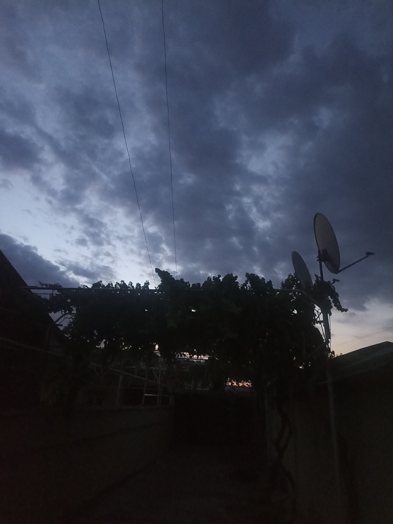 The image depicts a dark, overcast sky with distinct cloud formations and several thin wires running horizontally across the frame. In the foreground, silhouetted against the dim sky, is a dark mass of foliage, likely trees or vines, supported by a dark structure. To the right of the foliage, two satellite dishes are visible, mounted on a pole. The lower portion of the image is extremely dark, obscuring details of the ground and any structures. The scene appears to be an outdoor setting at dusk or dawn, possibly in a residential area. The location is identified as Chust, Uzbekistan.