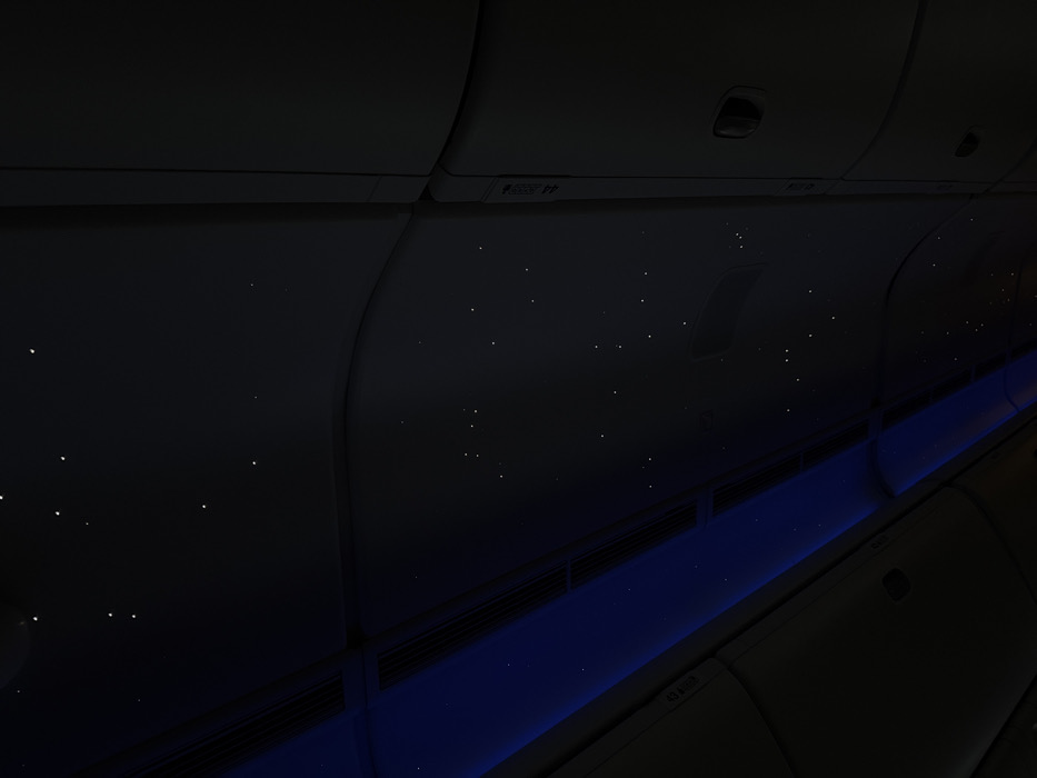 The image displays a darkened aircraft cabin interior, viewed upwards towards the ceiling. The ceiling is primarily dark grey or black, illuminated by numerous small, white pinpoint lights that simulate a starry night sky. A central overhead panel features a continuous strip of blue ambient lighting, with air vents visible within its structure. Portions of light-colored overhead storage compartments are visible on both the left and right sides of the frame. Indistinct white text labels, such as "43 H" and "44 J," are present on the undersides of these bins, likely indicating row numbers or compartment identifiers. No individuals, actions, or interactions are present in the scene. The environment is characteristic of a commercial airliner during a period of reduced cabin illumination. The specific location in Dum Dum, India, cannot be determined from the visual evidence within the image, which depicts an aircraft interior.