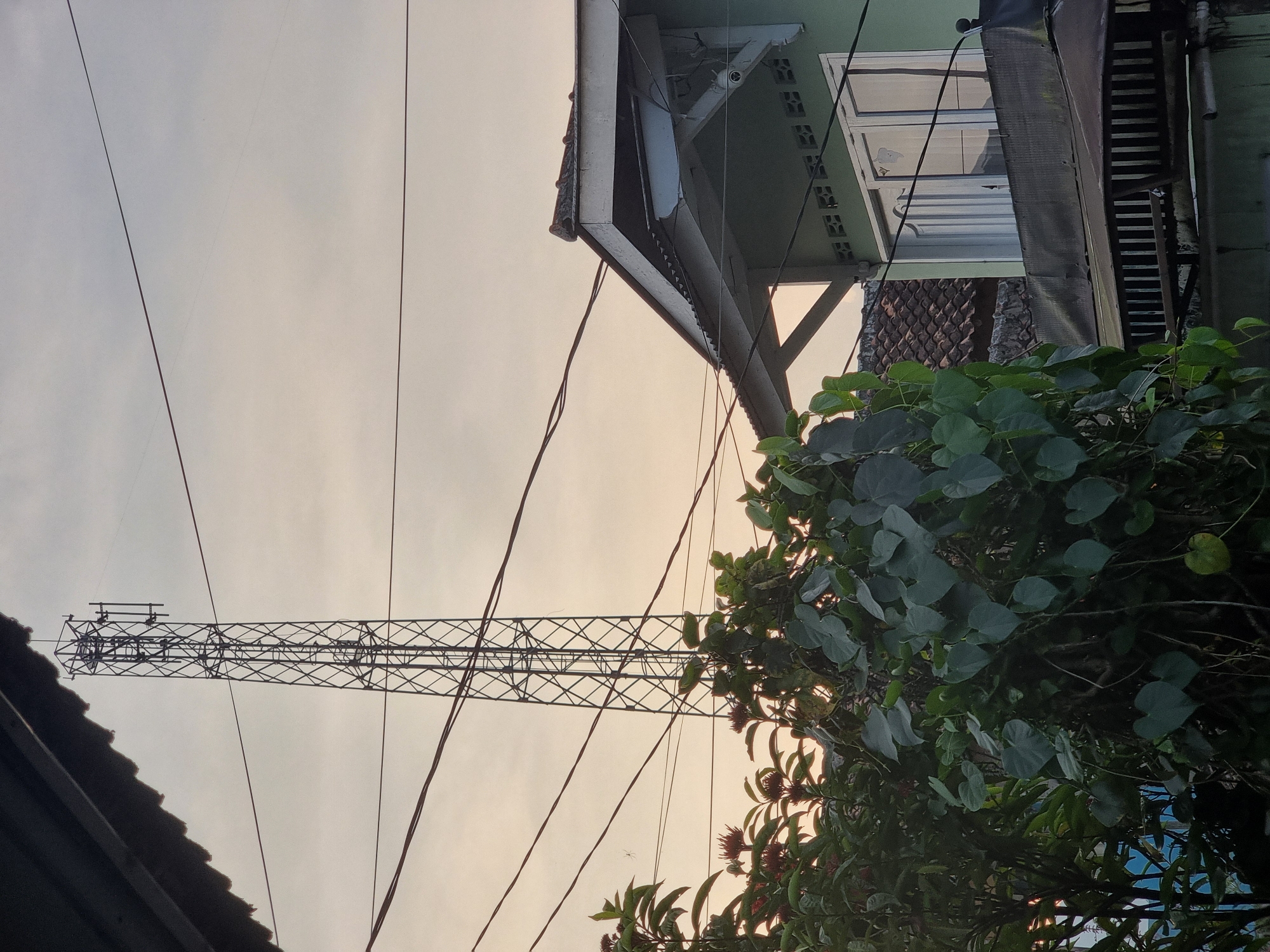 The image, taken in Cibodas, Indonesia, shows a cell tower rising above residential buildings and vegetation against a pale sky. Electrical wires crisscross the sky, intersecting with the tower. The architecture includes a light green building with a white balcony, and a roofline of another building is visible on the left. Dense foliage partially obscures the lower portion of the scene.