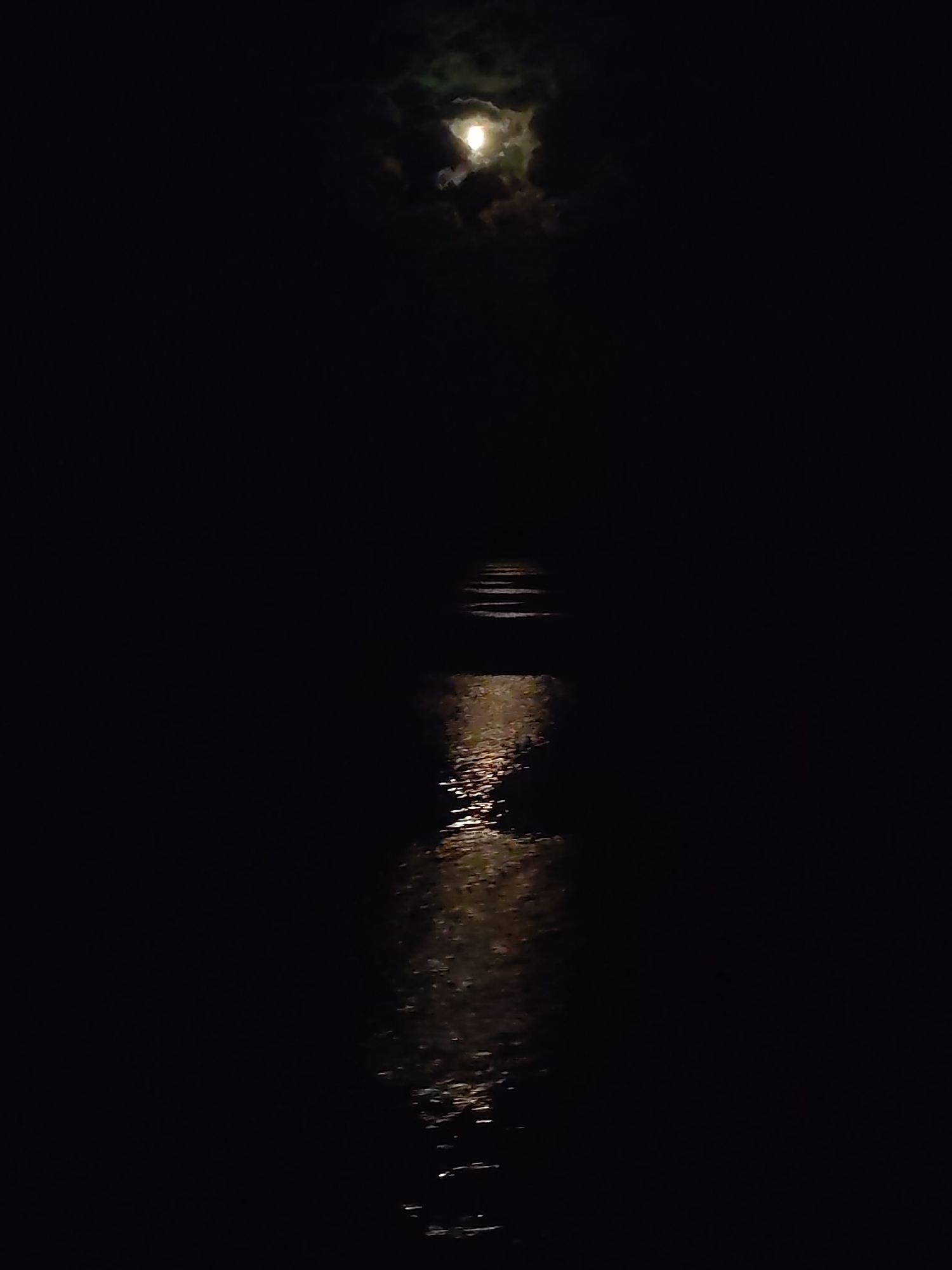 A nighttime scene shows the moon, partially obscured by clouds, reflecting on the water. The location is Krasnoe (Uleiminskoe S/P), Russia, based on the provided location details. The image focuses on the light of the moon creating a bright, shimmering path across the water surface. The rest of the scene is very dark. There are no people, subjects, or interactions immediately visible in the image.