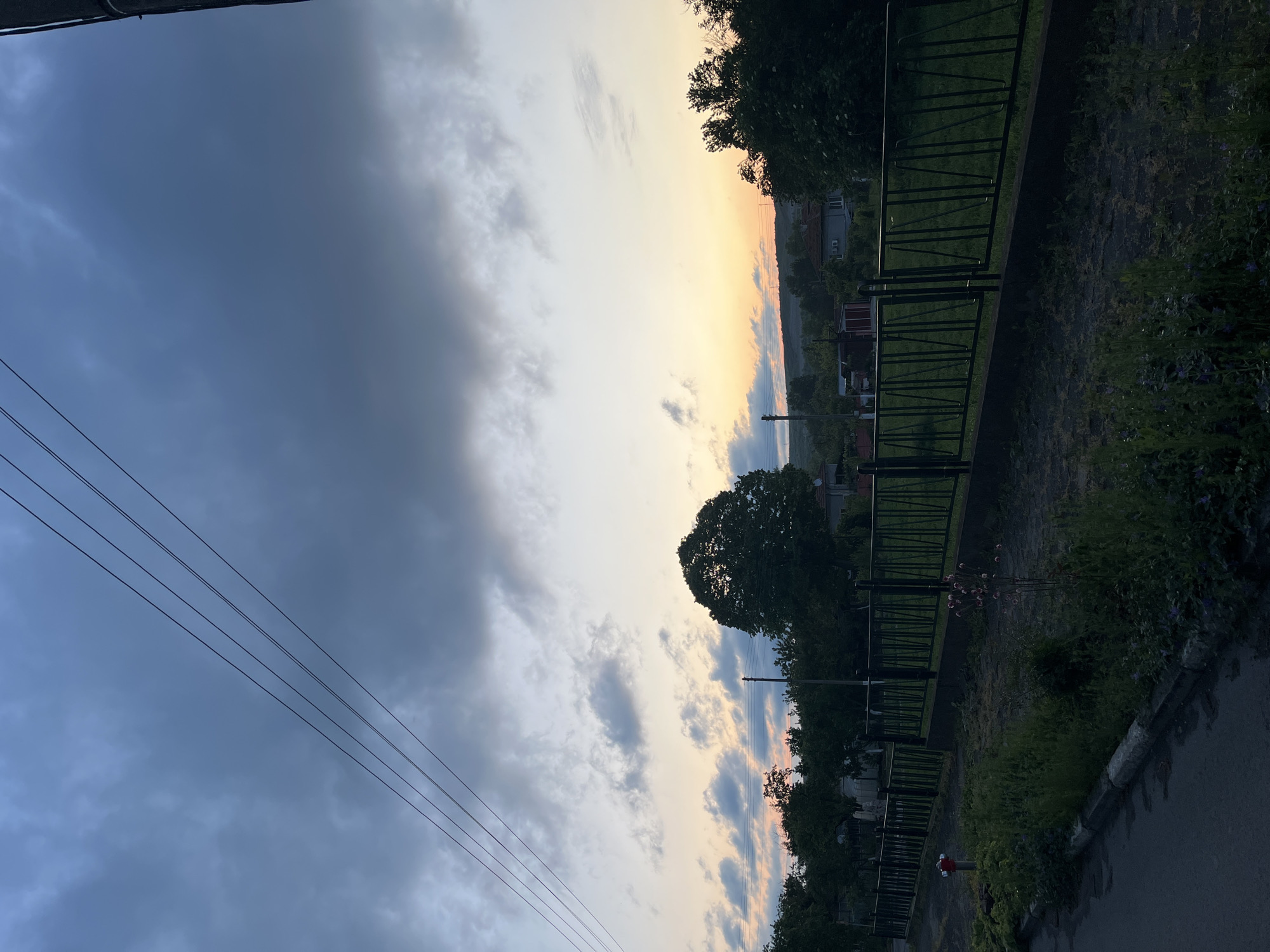 The image, likely taken in Radko Dimitrievo, Bulgaria, depicts an outdoor scene at dusk or dawn. The sky transitions from dark blue with storm clouds on the left to lighter shades with orange hues on the right horizon. Power lines stretch across the left side of the frame. A row of trees lines what appears to be a street or pathway. There's a dark metal fence running along the right side, with glimpses of buildings and vegetation beyond. A paved road and a concrete curb are visible in the lower right corner.