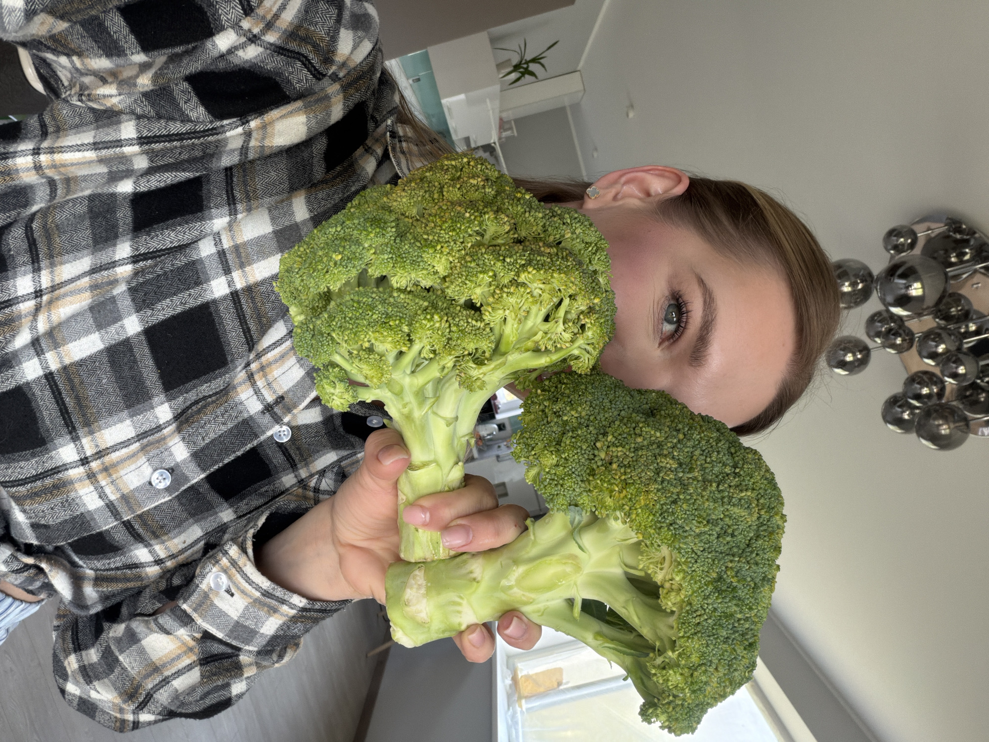 A person wearing a plaid shirt holds two heads of broccoli in front of their face, obscuring most of it except for one eye, part of the ear, and some of their forehead. The background shows a partial view of a room with a ceiling light fixture consisting of multiple silver spheres, part of a plant, and a window with light streaming in. The location appears to be indoors, potentially a private residence. There is no specific information to suggest the location is in Dreiliņi, Latvia.