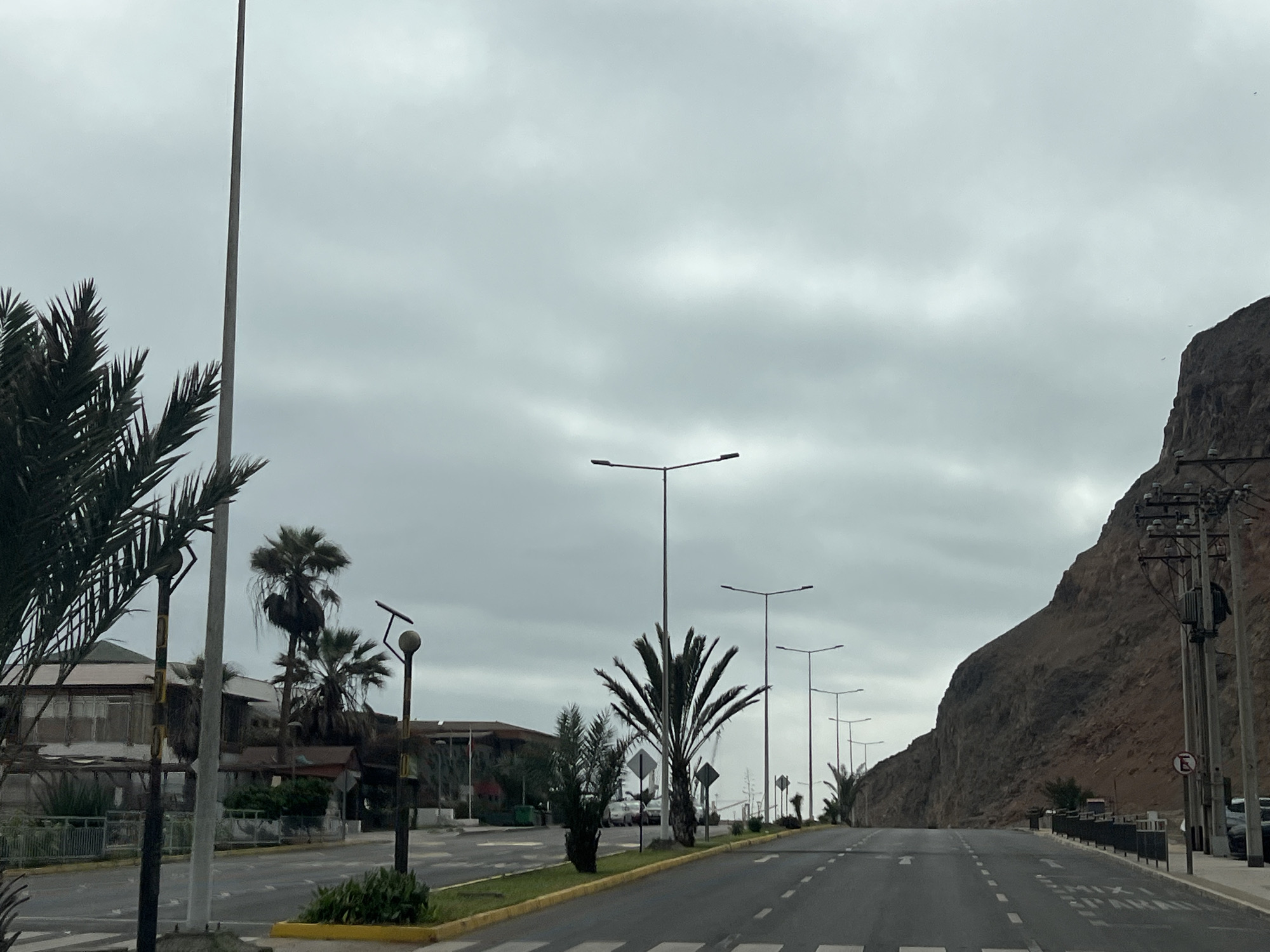 The image depicts a street scene in Arica, Chile, under a cloudy sky. A road with white lane markings curves to the right, flanked by a steep, rocky mountainside on the right and a sidewalk with a metal fence and palm trees on the left. Several tall lampposts line the roadside. Buildings, appearing to be businesses or residences, are visible behind the palm trees on the left. Some traffic signs are present, including a circular sign with a red border and a white letter 'E' inside. The overall atmosphere is overcast and somewhat desolate.