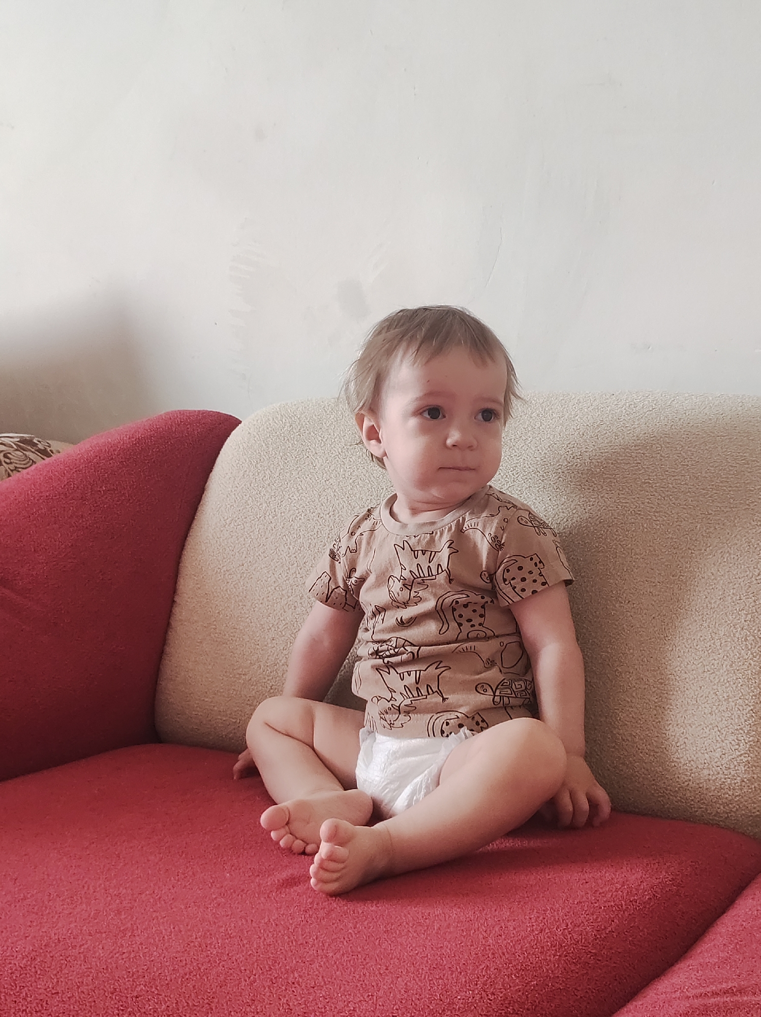 A child is sitting on a red and tan couch. The child is wearing a tan shirt with animal drawings and a diaper. The background is a plain, light-colored wall. The location is Unknown, Unknown.
