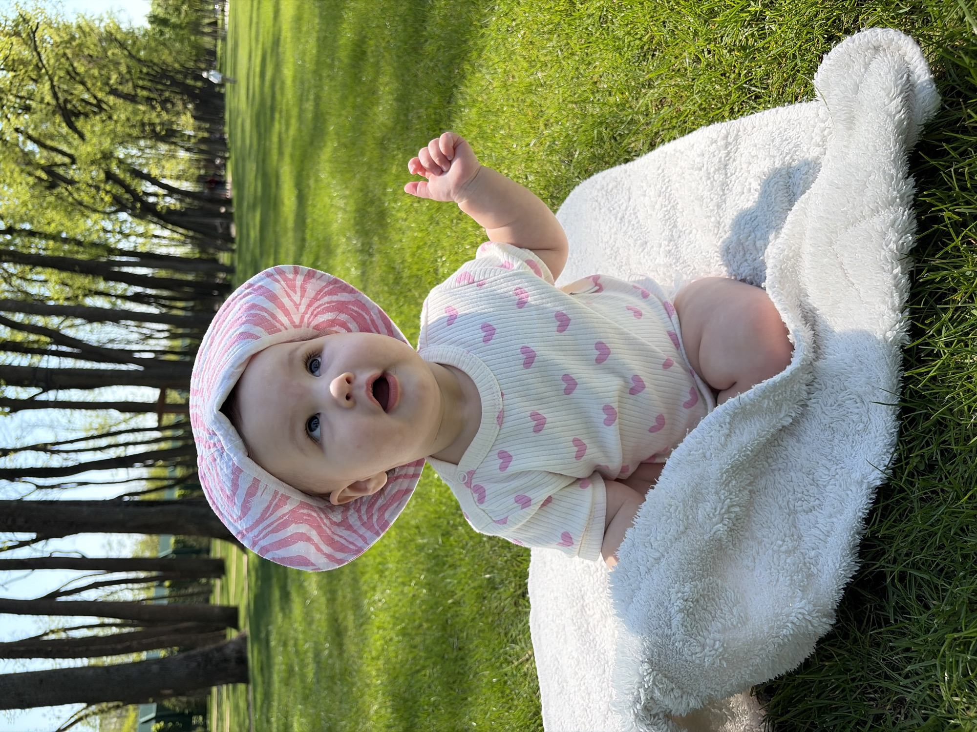 A baby wearing a pink and white hat and a shirt with pink hearts is sitting on a white blanket on green grass. Behind the baby is a row of trees. The scene appears to be in a park. It is impossible to verify if this is Krasnodar, Russia from the given information.