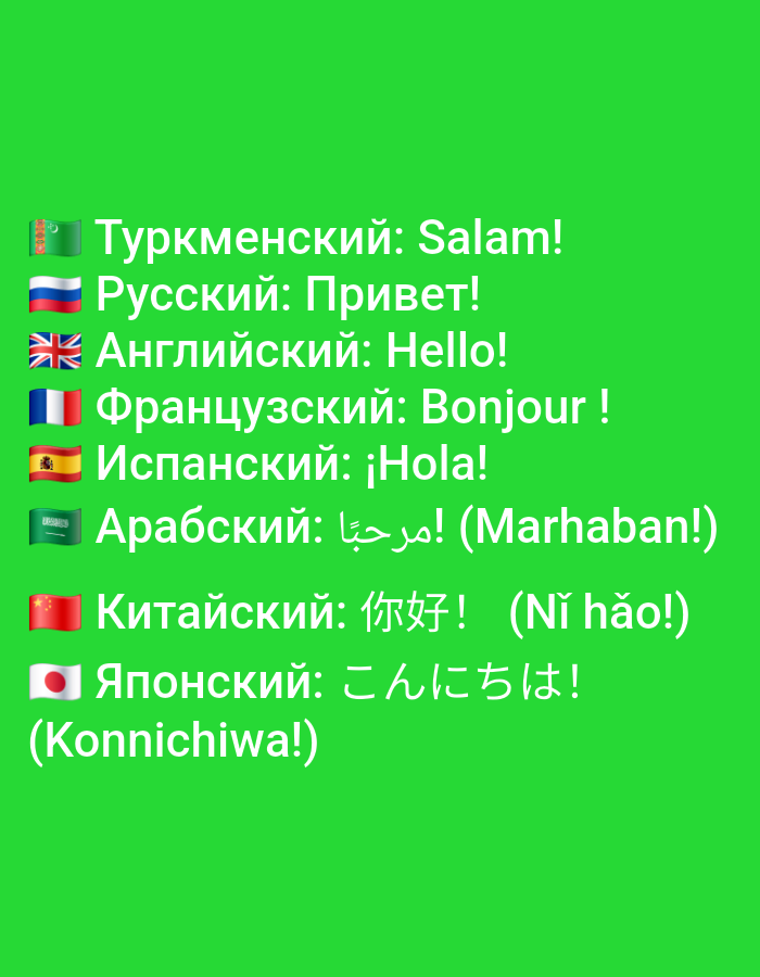 The image displays a list of greetings in different languages, each preceded by its corresponding national flag emoji. The greetings and languages are: Turkmen: Salam!, Russian: Привет!, English: Hello!, French: Bonjour !, Spanish: ¡Hola!, Arabic: مرحبا! (Marhaban!), Chinese: 你好! (Nǐ hǎo!), and Japanese: こんにちは! (Konnichiwa!). The background is a solid bright green color. There is no indication of any city or location within Turkmenistan, nor any people, objects, actions, or interactions present in the image.