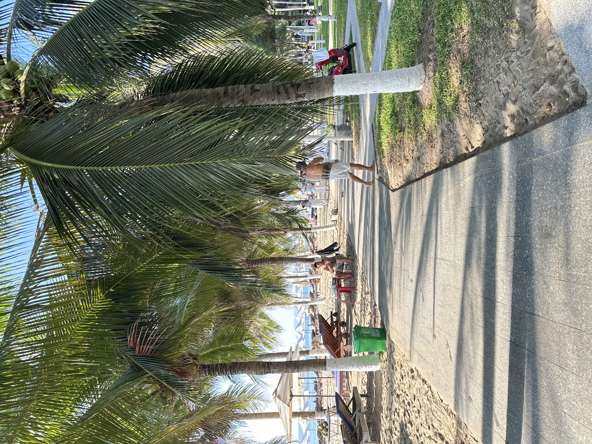 This image captures a scene on a sunny beach likely in Nha Trang, Vietnam, characterized by lush palm trees and a paved walkway. The beach is sandy, with rows of lounge chairs and umbrellas suggesting a tourist area. In the foreground, a man is walking away from the camera on the paved path, wearing shorts and a towel around his waist. To his left, on the beach, a green trash can is visible. Further into the scene, a few people are seated at a small red table, some under the shade of palm trees. In the background, the ocean and more beach umbrellas can be seen. A red scooter is parked on the grass to the right side of the walkway, near a palm tree with its base painted white. The overall atmosphere is relaxed and tropical.
